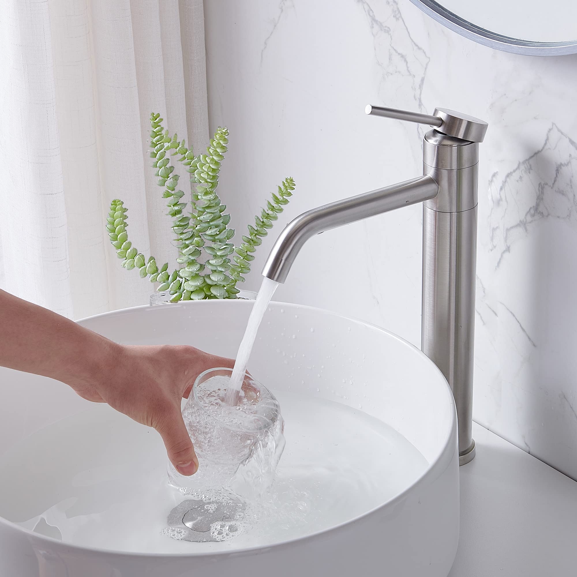Hotis Modern Tall Body Single Handle Mixer Spout 360 Swivel Stainless Steel Brushed Nickel Vessel Sink Faucet, Bathroom Faucets for Sink 1 Hole with Pop Up Drain