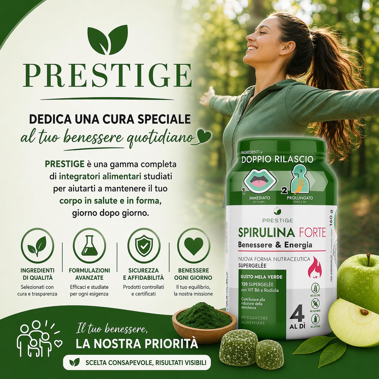 Integratore con SPIRULINA FORTE, 120 Gommose Supergelée Mela Verde - Spirulina: Dona Energia, Focus Mentale e Riduce Stanchezza - Supporto Metabolico