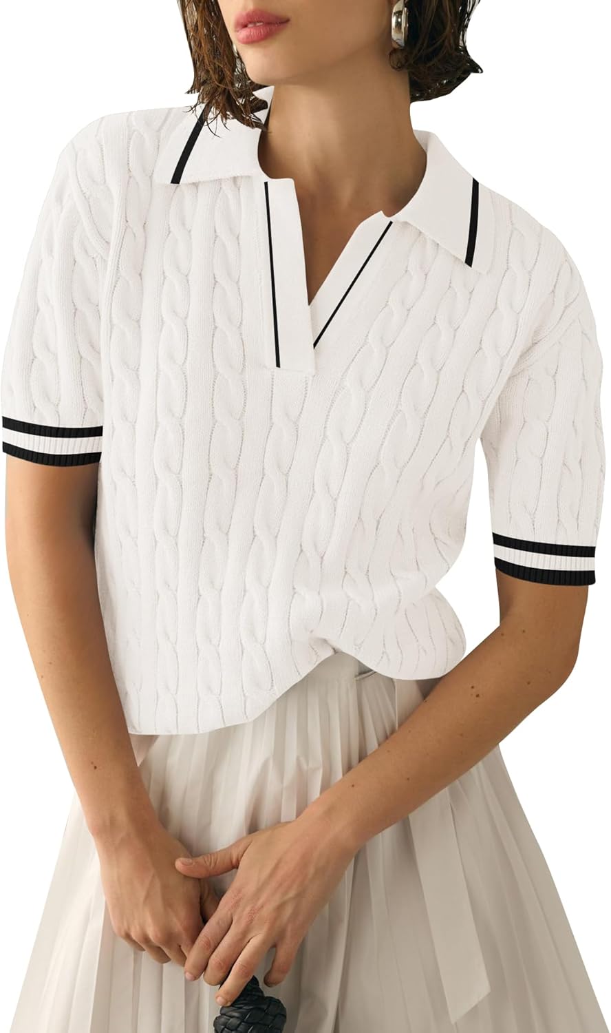 Micoson Womens Short Sleeve Sweater Tops Lapel V Neck Polo Shirts 2026 Summer Cable Knit Blouses Business Casual Outfits