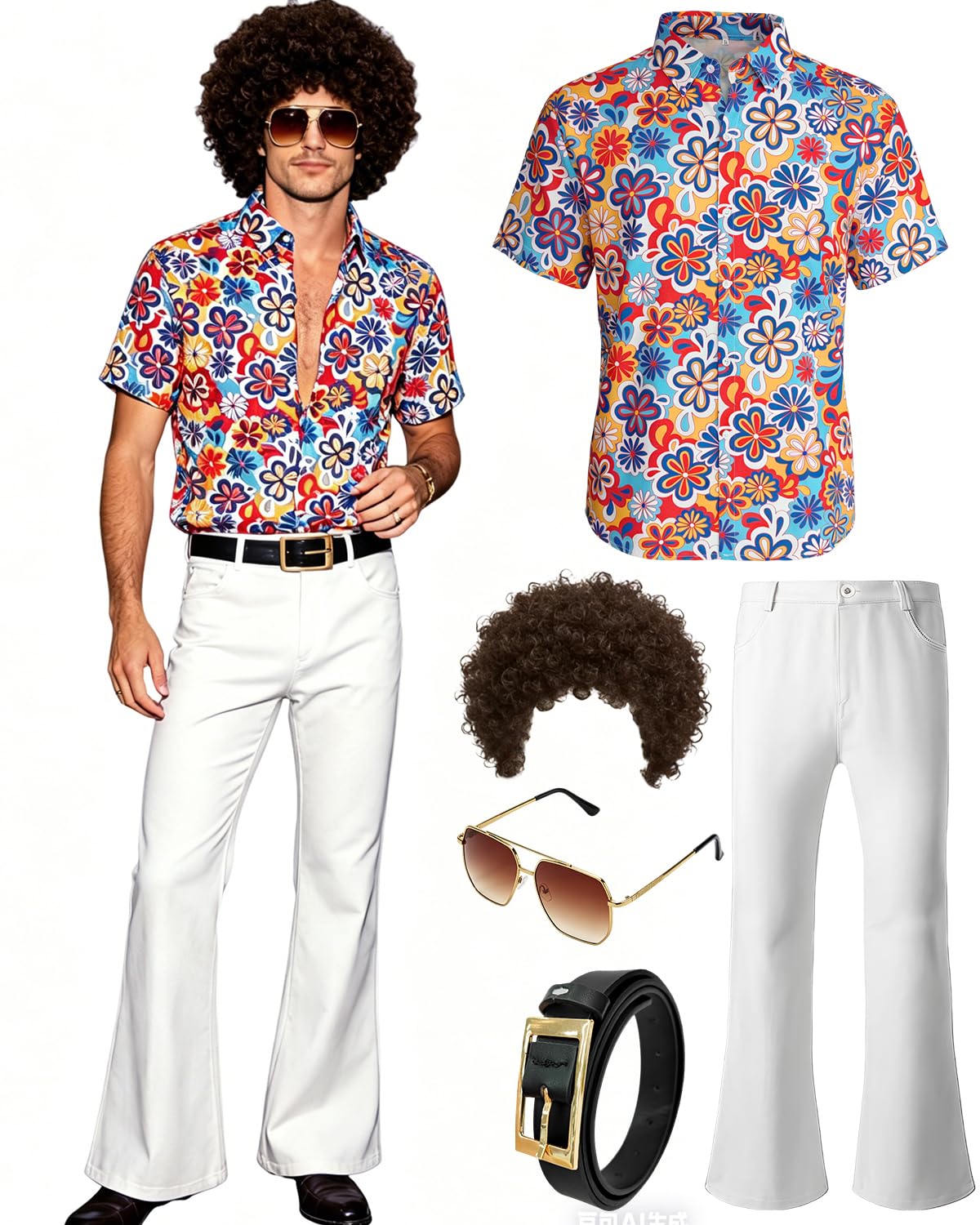 minkasic Mens 70's Disco Outfit Retro 70s Mens Hippie Costume for Adults 70's Theme Clothes for Parties Blue XXL