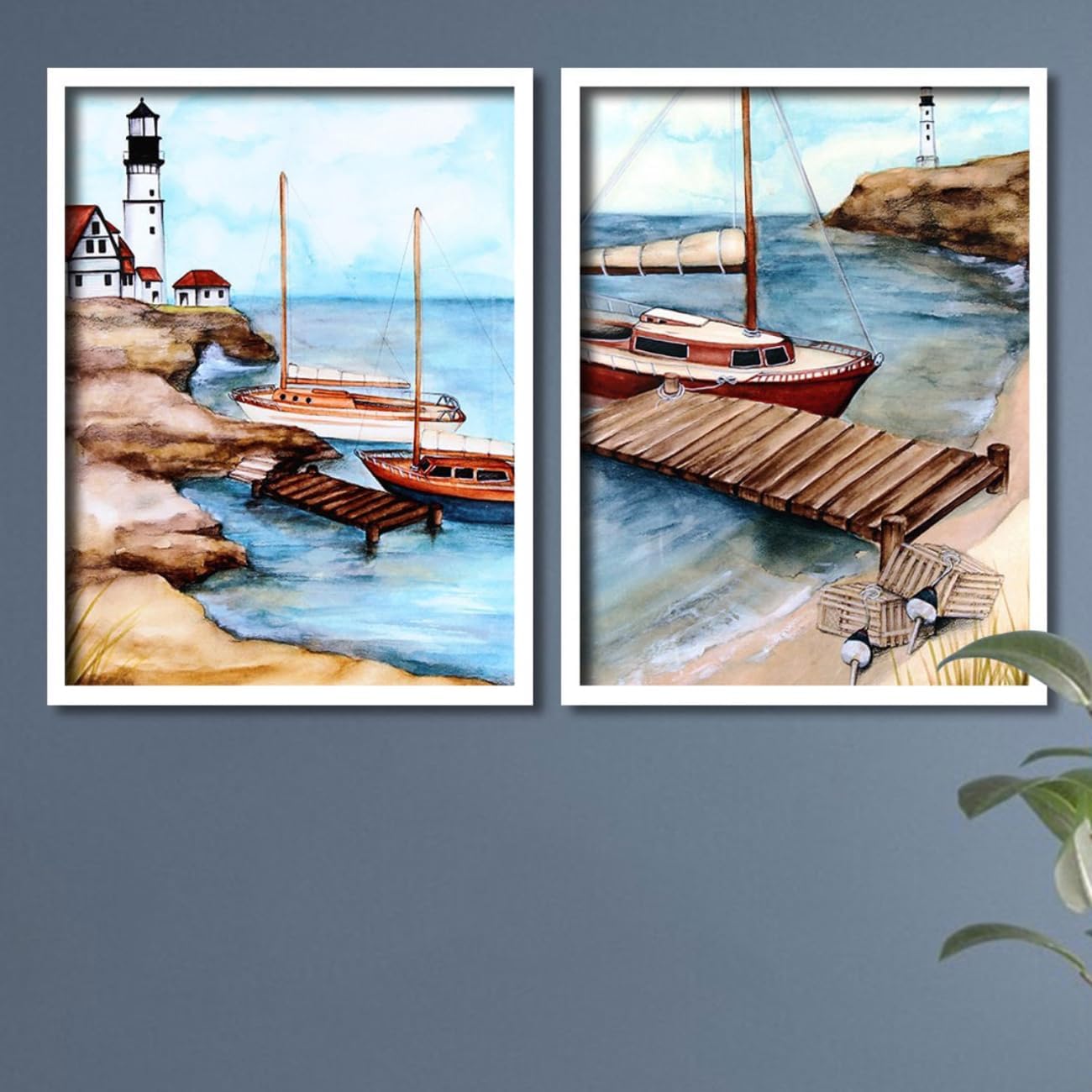 PAINTINGMANTRA Canvas Painting Blue & Brown Sea Port Wall Art Prints, Decorative Modern Framed Luxury Paintings for Home, Living room, Hotel Bedroom and Office Décor - 17x13 Inch (Set Of 2)