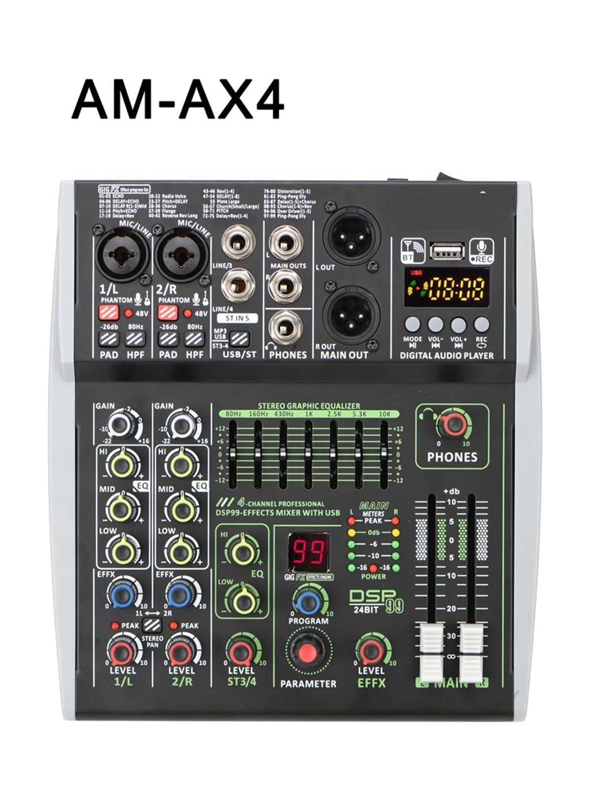 DJ-Equipment für die Party AM-AX4 Mini 4 Channels Individual 48V Phantom Power Mobile 99 DSP Effekte Bluetooth USB Computer Play Record Podcast Audio Mixer (Color : AM-AX4 EU)