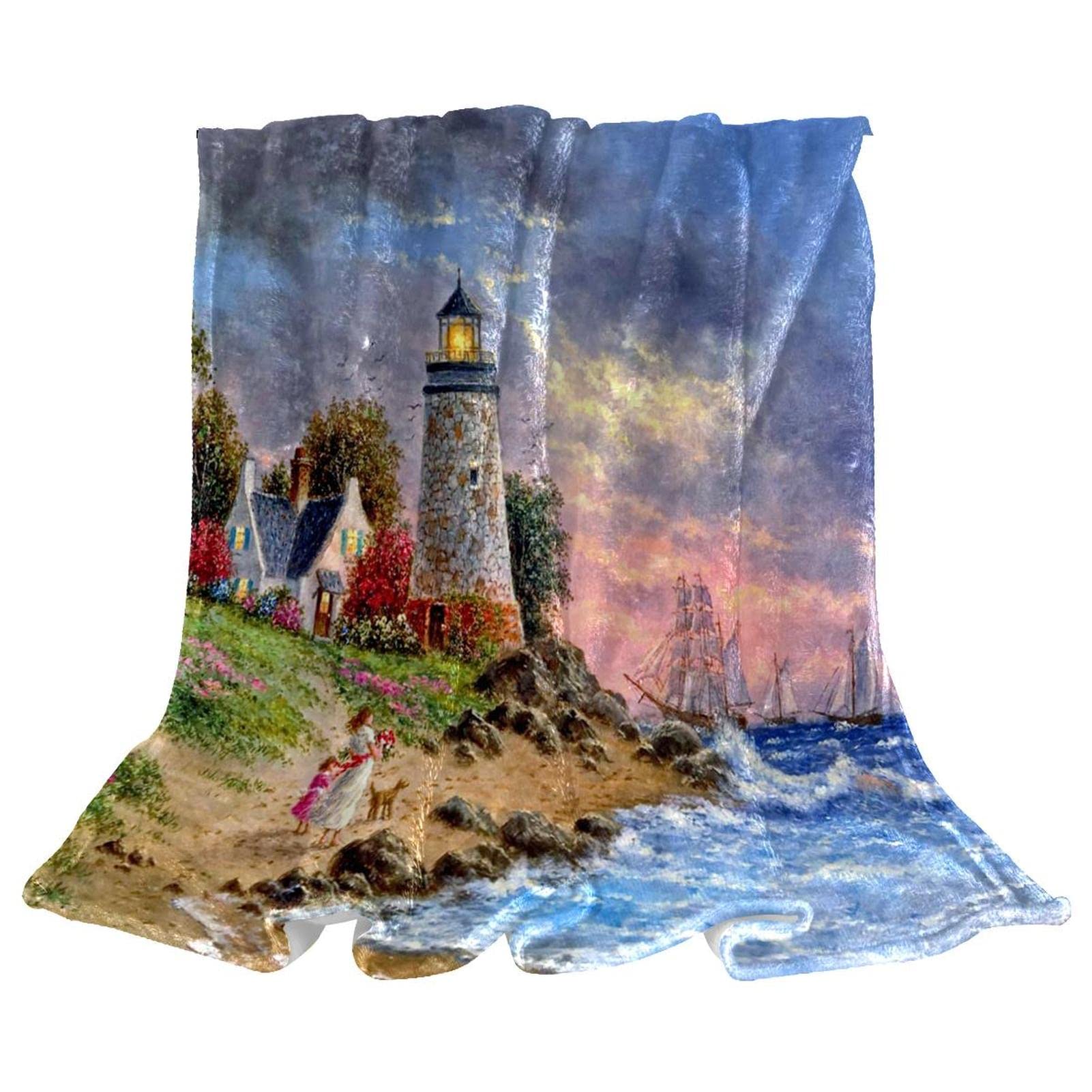 Couverture Polaire Phare de Mer plaid de canapé vintage pour salon cocooning