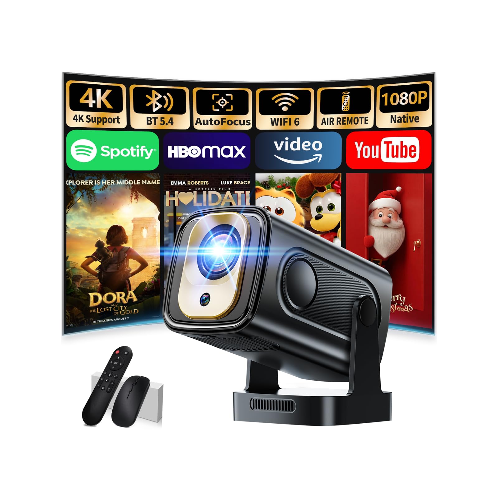 [App Integrada & 2026 Nuevo] Mini Proyector 4K 1080P FHD Proyector Portátil Vídeo con WiFi 6 y BT 5.4 Proyector Vídeo Función Enfoque Automático y Corrección Trapezoidal USB/HDMI/PC, Negro