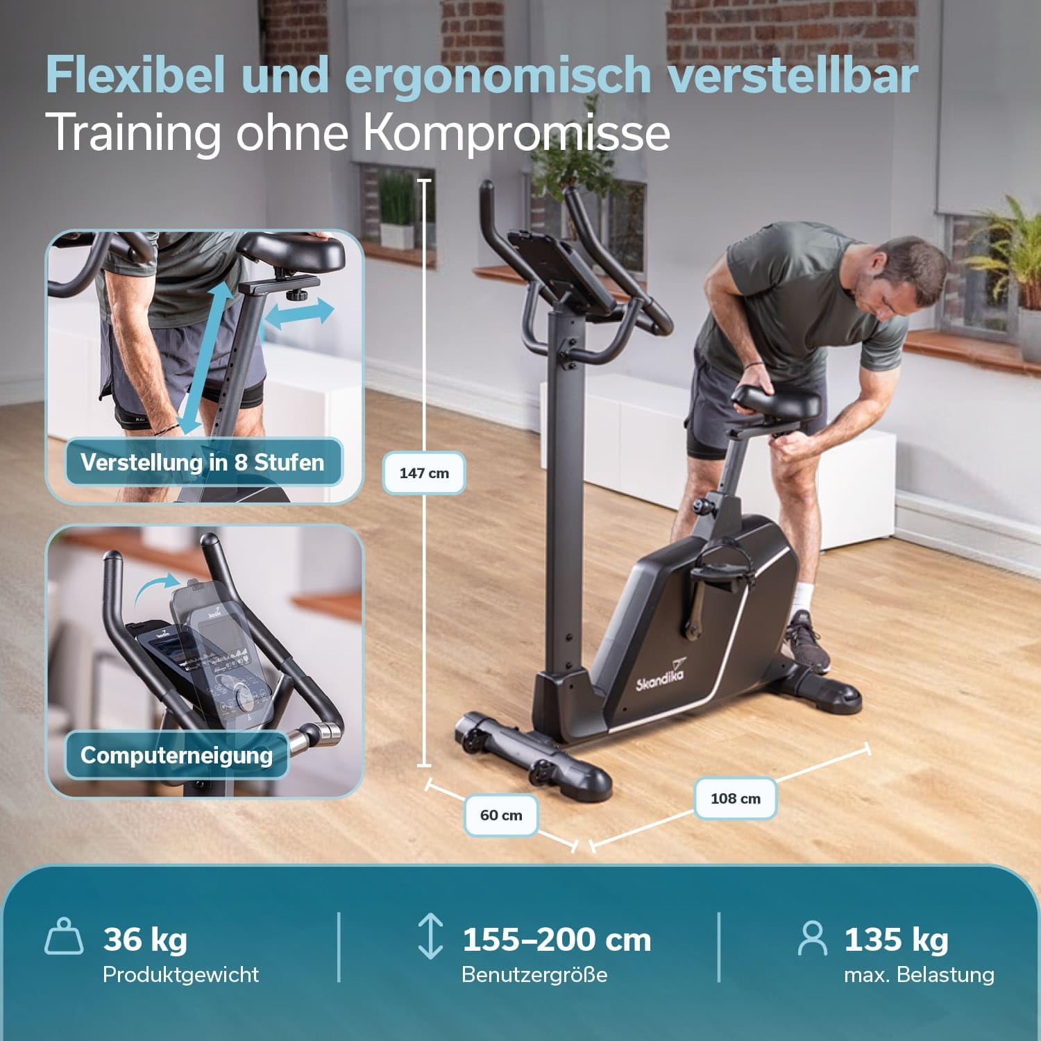 Skandika Ergometr Cykling P10 | rower treningowy z 32 poziomami oporu, hamulec magnetyczny, do 135 kg i 200 cm, wyświetlacz LCD, 13 programów, Bluetooth, połączenie z aplikacją, mapa kinowa | rower