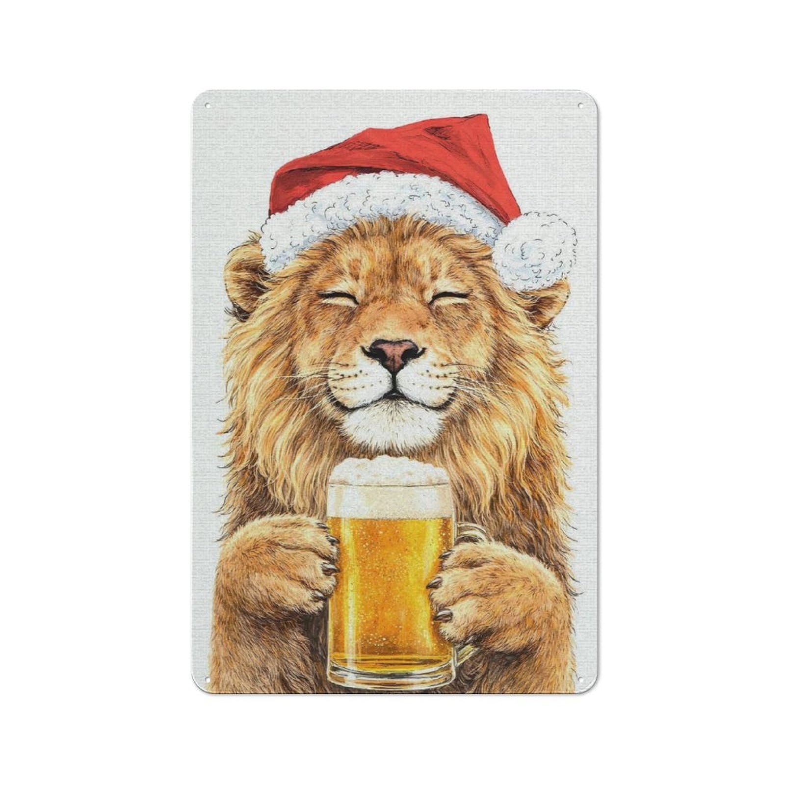 Junmoney Style-10 Kitchen Metal Sign With Lion In Santa Hat With Beer Design 30X20cm, Cosy Kitchen Wall Decor For Coffee Bar, Kitchen, Bistro Or Tea Corner