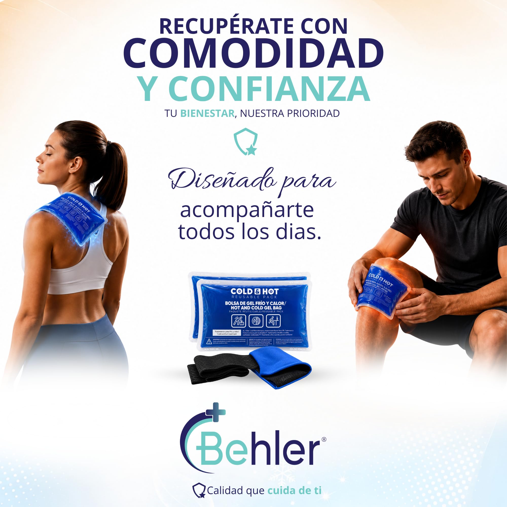 Pack de 2 Bolsas de Gel Frío o Calor Reutilizables (26 x 15 cm) - Incluye 1 Funda Multiposición de Tela con banda de compresión - Aptas para Nevera y Microondas - Ideales para Terapias