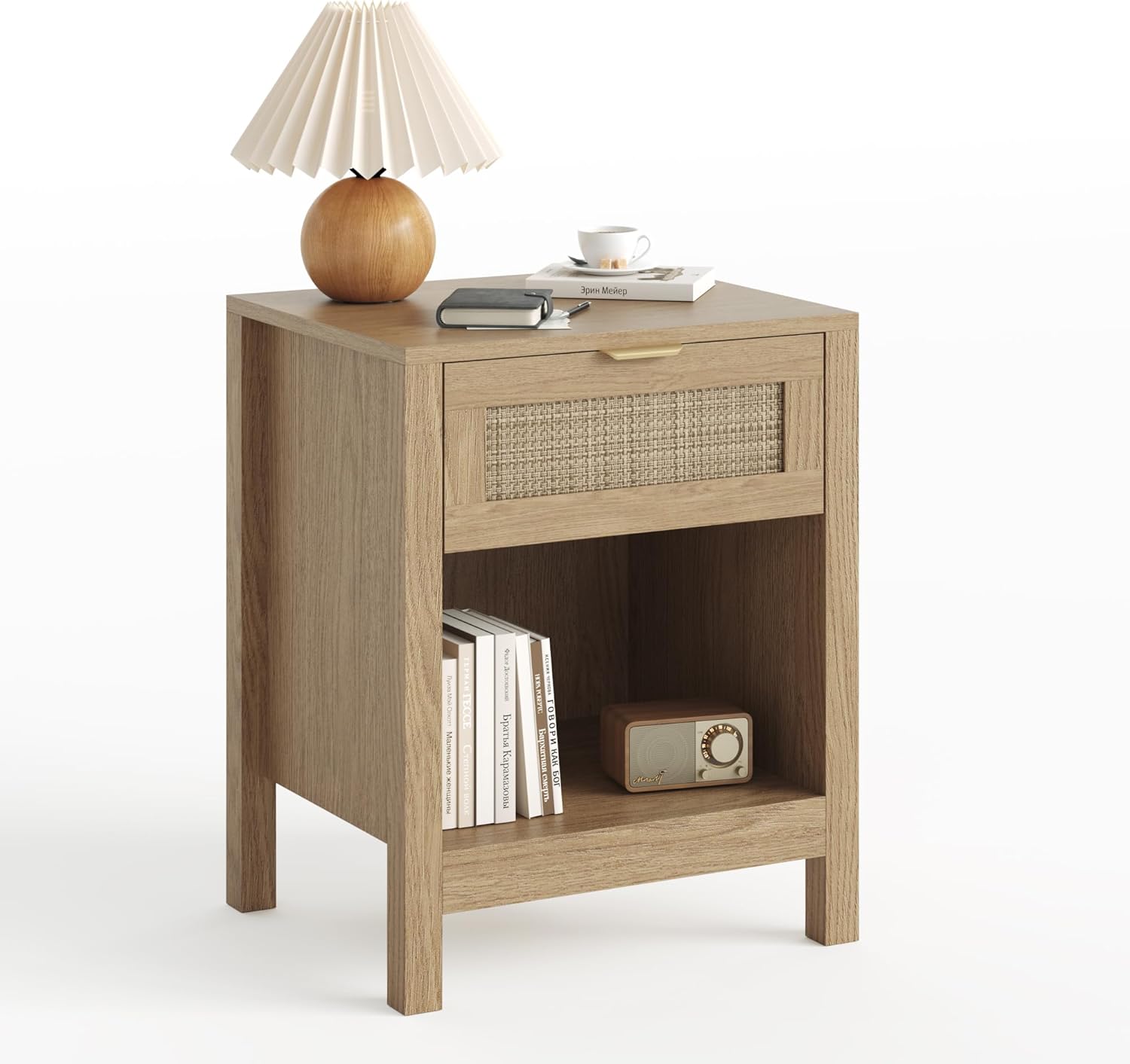 Fluted Farmhouse Nightstands Set of 2, Night Stand with Drawer and Storage Shelf, Teslin Wooden End Table for Living Room, Side Table for Bedroom, Natural Oak