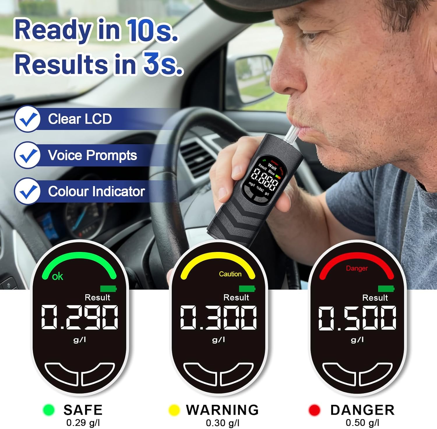 Breathalyzer Alcohol Tester, USB-C Rechargeable Breath Alcohol Tester with Color LCD Display, Semiconductor Sensor, 20 Mouthpieces, Portable Pocket Device for Home, Parties, Car Safety Checks Grey