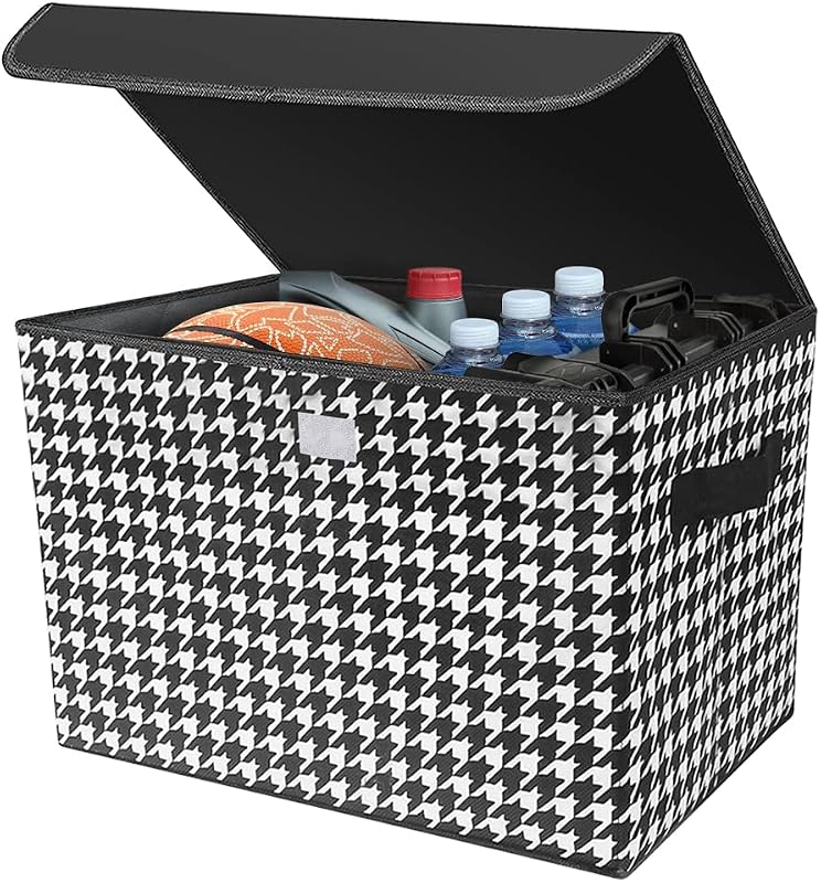8sanlione Car Cargo Trunk Storage Box with Lid, Houndstooth Pattern Large Capacity Collapsible Storage Organizer With Cover, Non-slip Bottom Carrying Handles, Fit All Cars (Black/White)