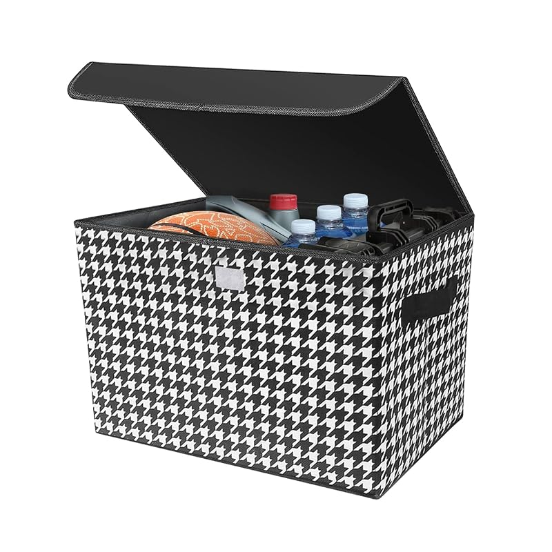 Organizador Dobrável para Porta-Malas 8sanlione com Tampa, Alças e Base Antiderrapante, Estampa Pied-de-Poule, Preto e Branco