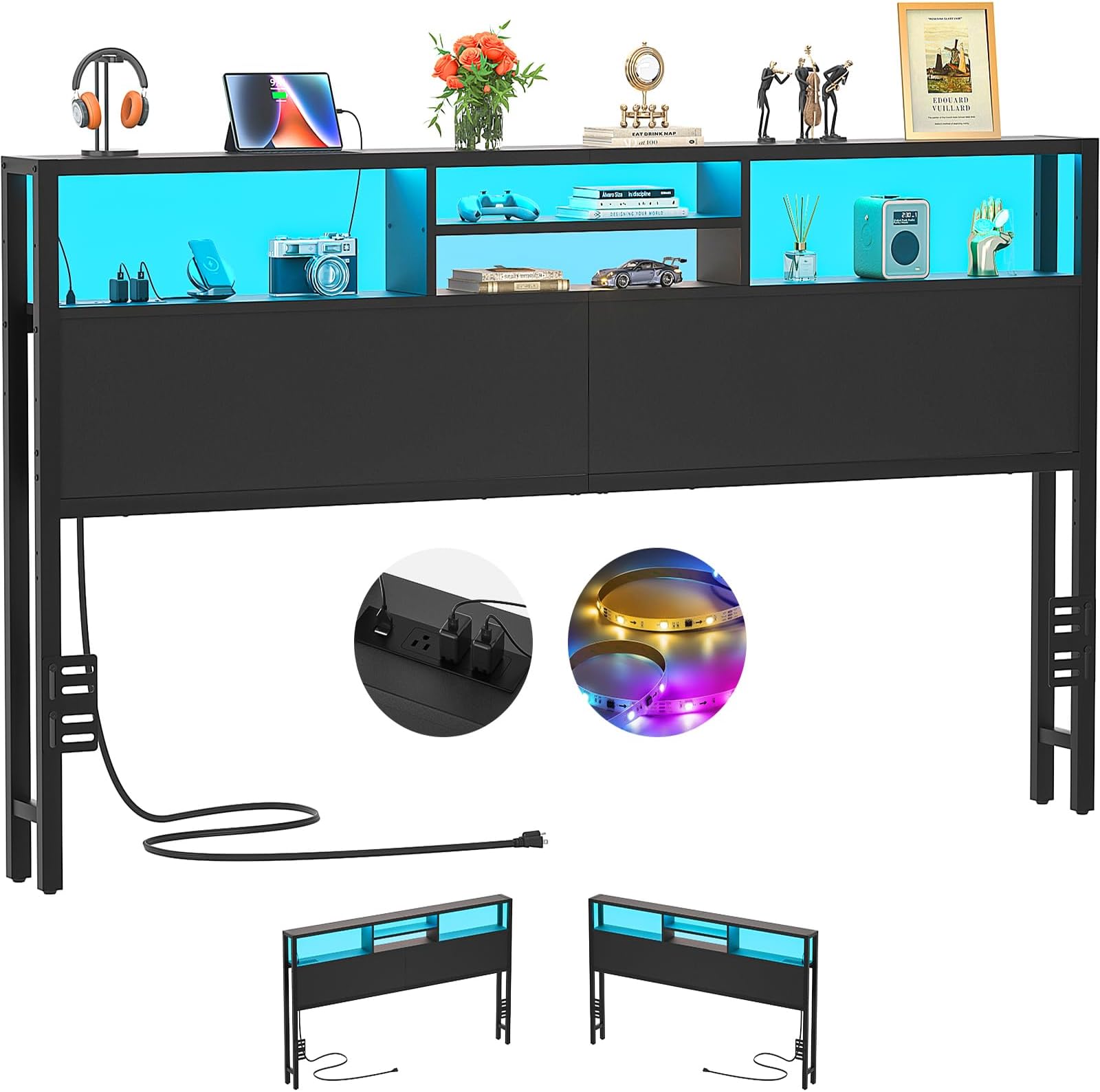 Headboard for King Size Bed with Storage, Headboards with Outlets, USB Ports and LED Light, King Size Head Board Only, Height Adjustable, Reversible, Sturdy and Stable Headboard, Black