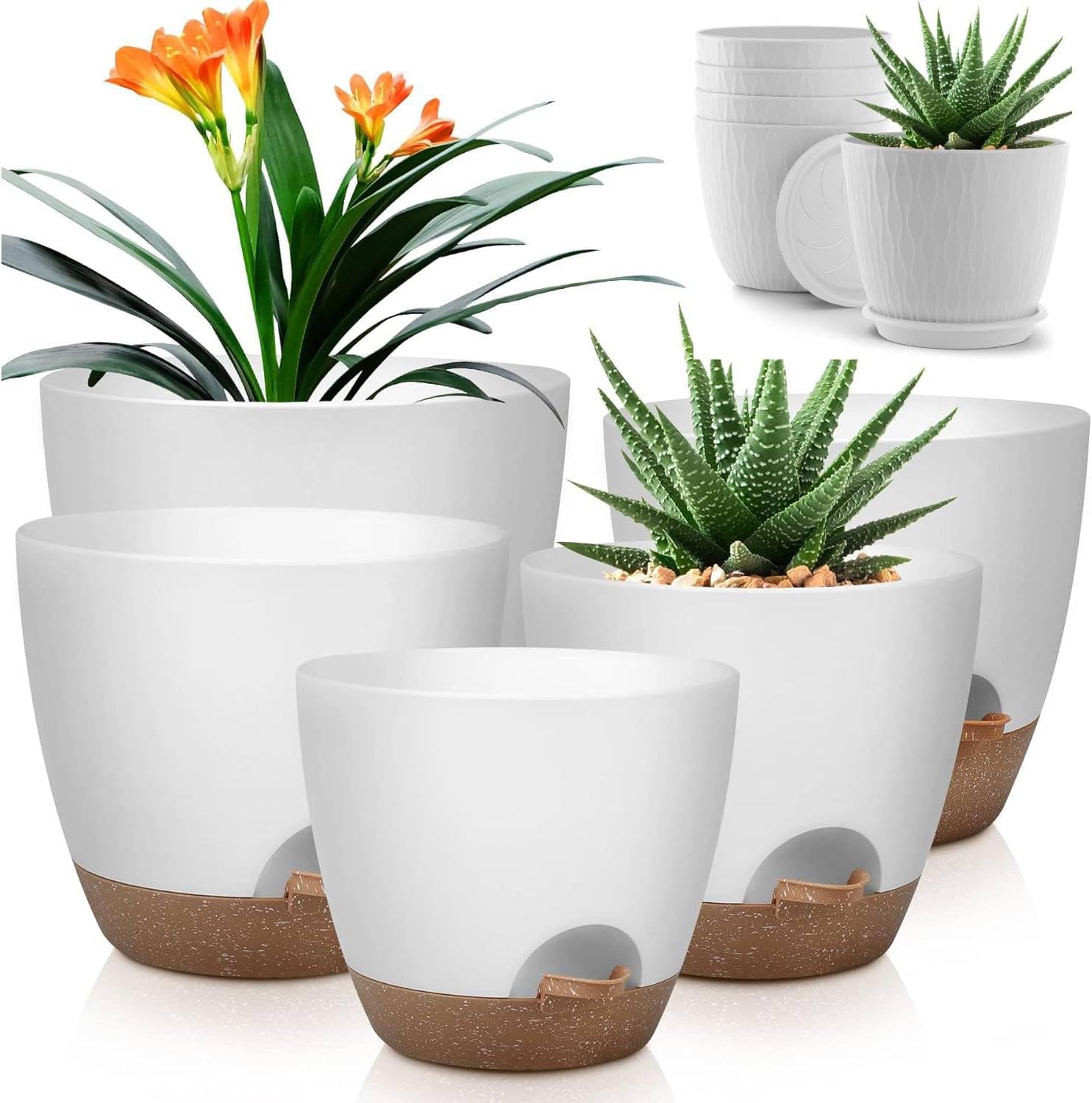 Plastic Planters With Drainage Saucers Indoor Outdoor 5-Pack Self ...