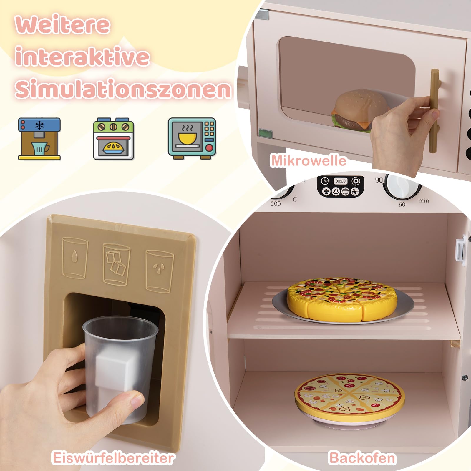 GOPLUS Kinderküche, Spielküche Holz mit Licht & Sound, Eck Puppenküche mit ausziehbarem Wagen, Stoffkörben, Spüle, Herd, Kühlschrank, Ofen & Zubehör, Spielzeugküche für Kinder ab 3 Jahren (Rosa)