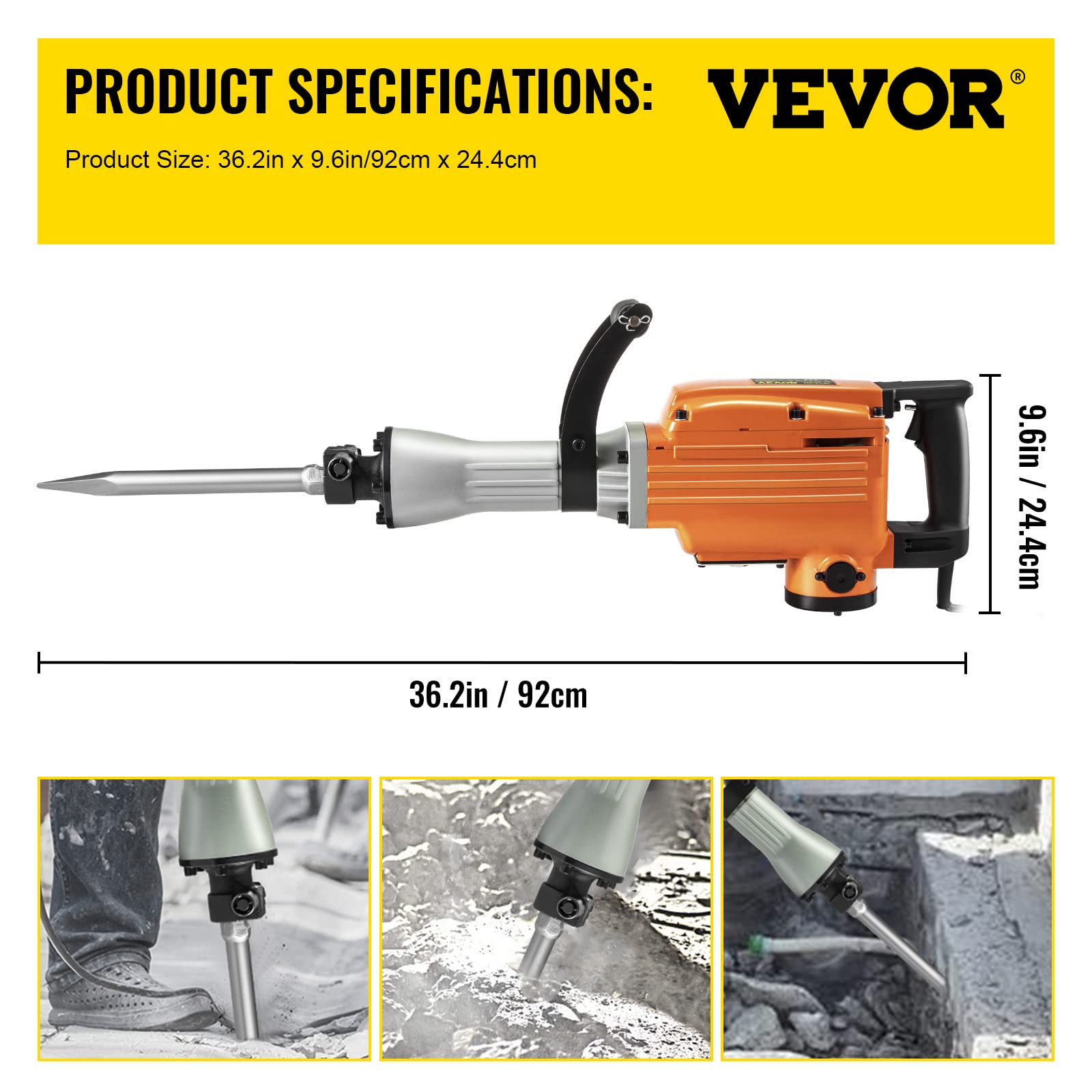 VEVOR Martillo demoledor eléctrico 1500 W 65 A Martillo demoledor con mango ergonómico giratorio a 360° para hormigón, ladrillos, estucos de azulejos, eliminación de cimientos de viviendas