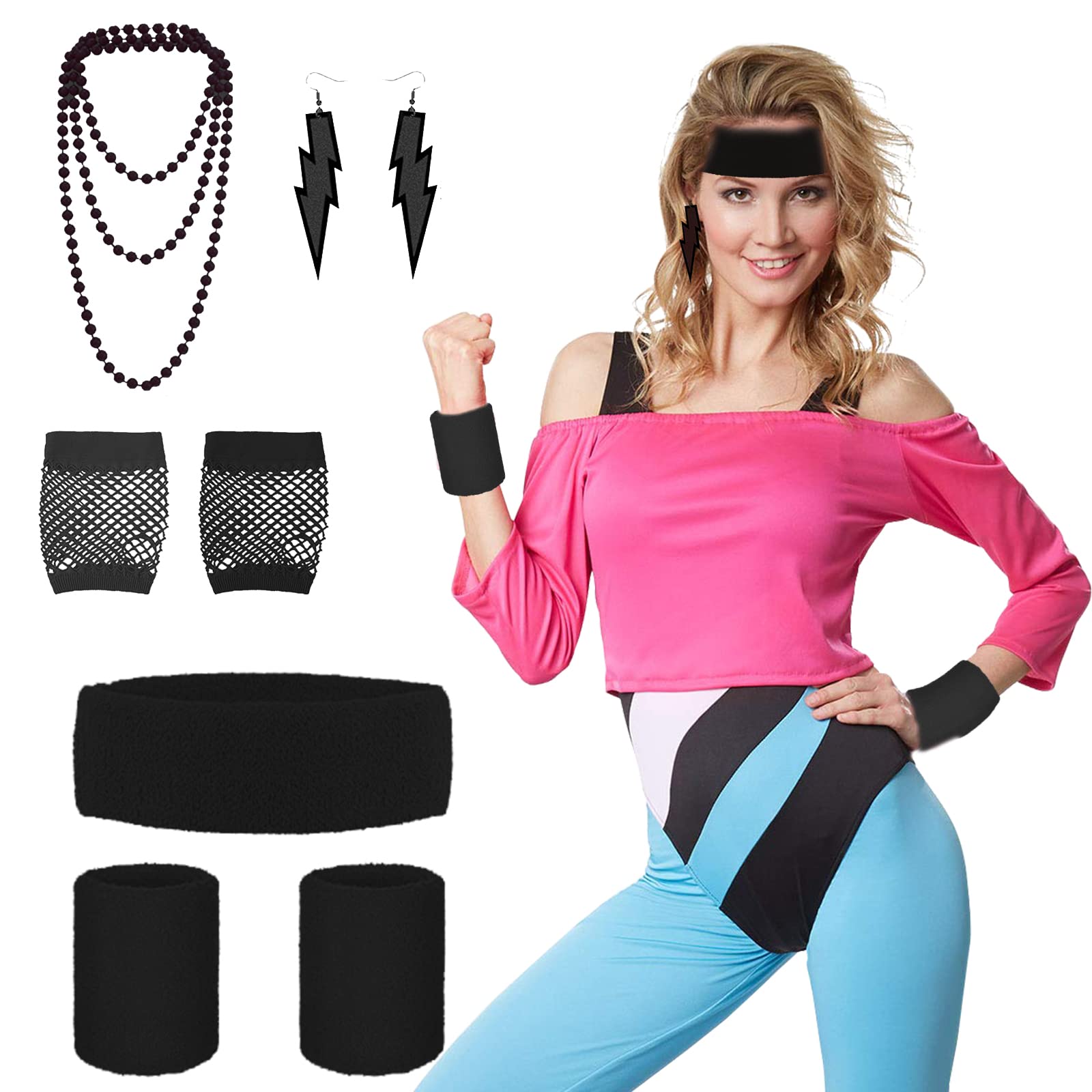 Octopus Plush 80s Costumes Accessories for Women Black 80s Fancy Dress for Women 80s Fancy Dress Accessories include Headband and Wristbands Sweatbands,80cm Necklaces,Fishnet Gloves,Earrings