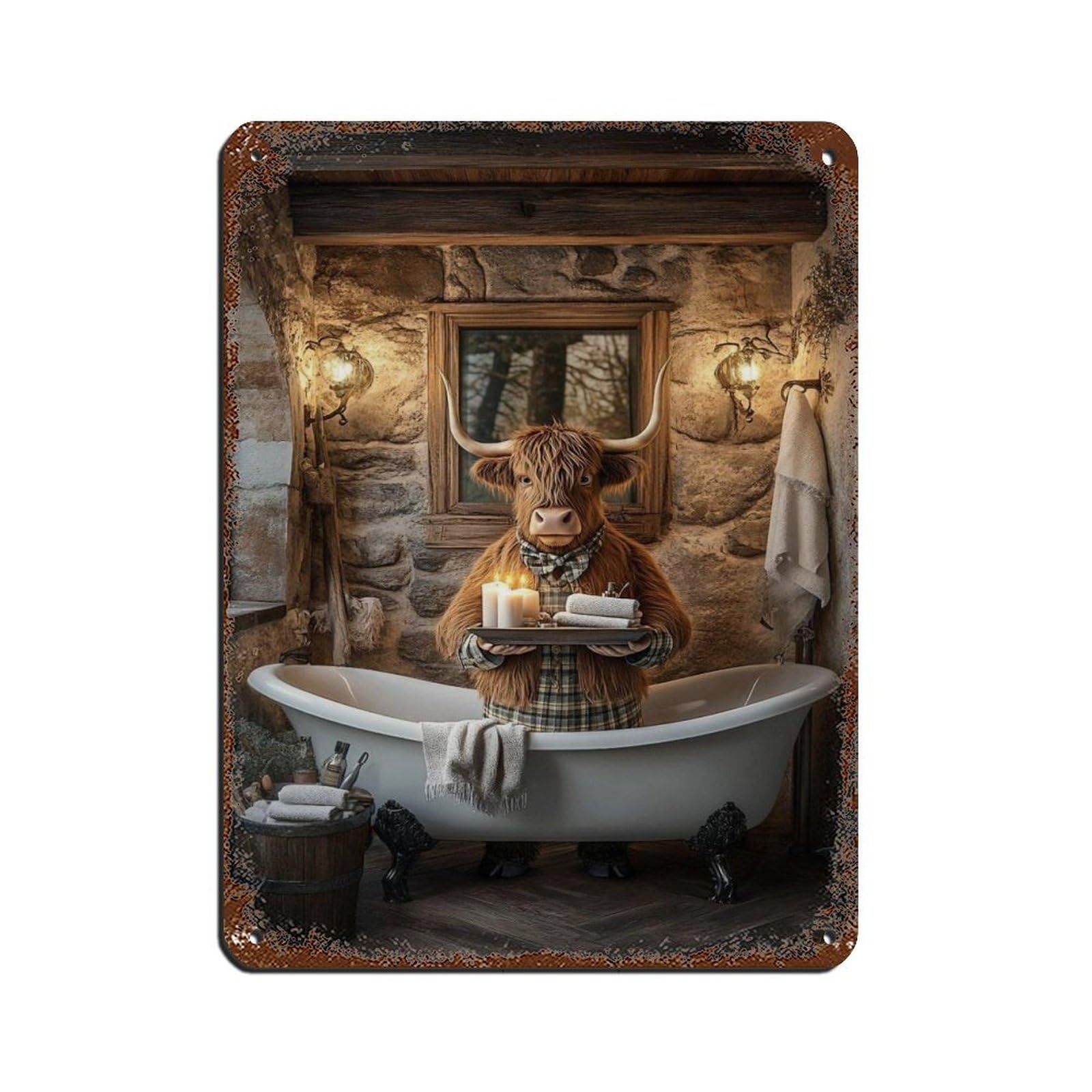 Highland Cow Bathroom Art Tin Sign Vintage Metal Pub Club Cafe Bar Home Wall Art Decoration Poster Retro 12x16inch(30x40cm)