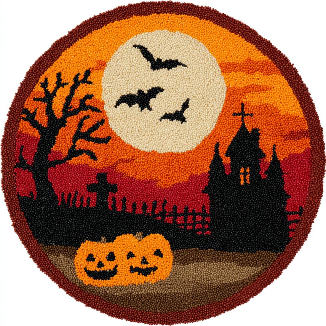 Rqwybcaxn DIY Latch Hook Rug Kit for the Elderly Crochet Starter Kit Halloween Castle 100x100cm Round Tapestry with Crochet Hook Hallway Craft Gift