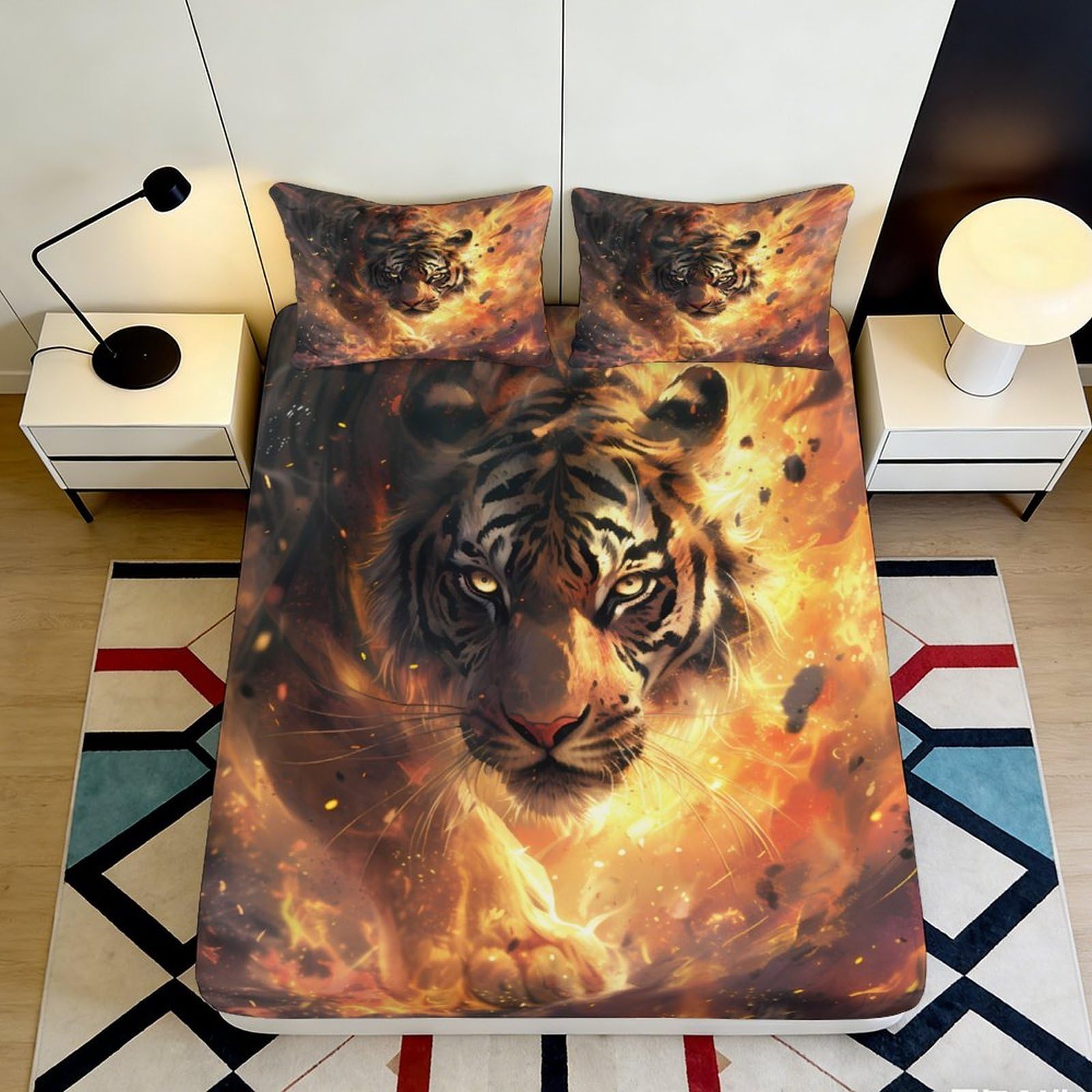 3D Printed Fiery Tiger Fitted Sheet Microfiber Soft Anti-Slip Mattress Cover for Bedroom Dorm Decor Easy Care 120x200x25cm