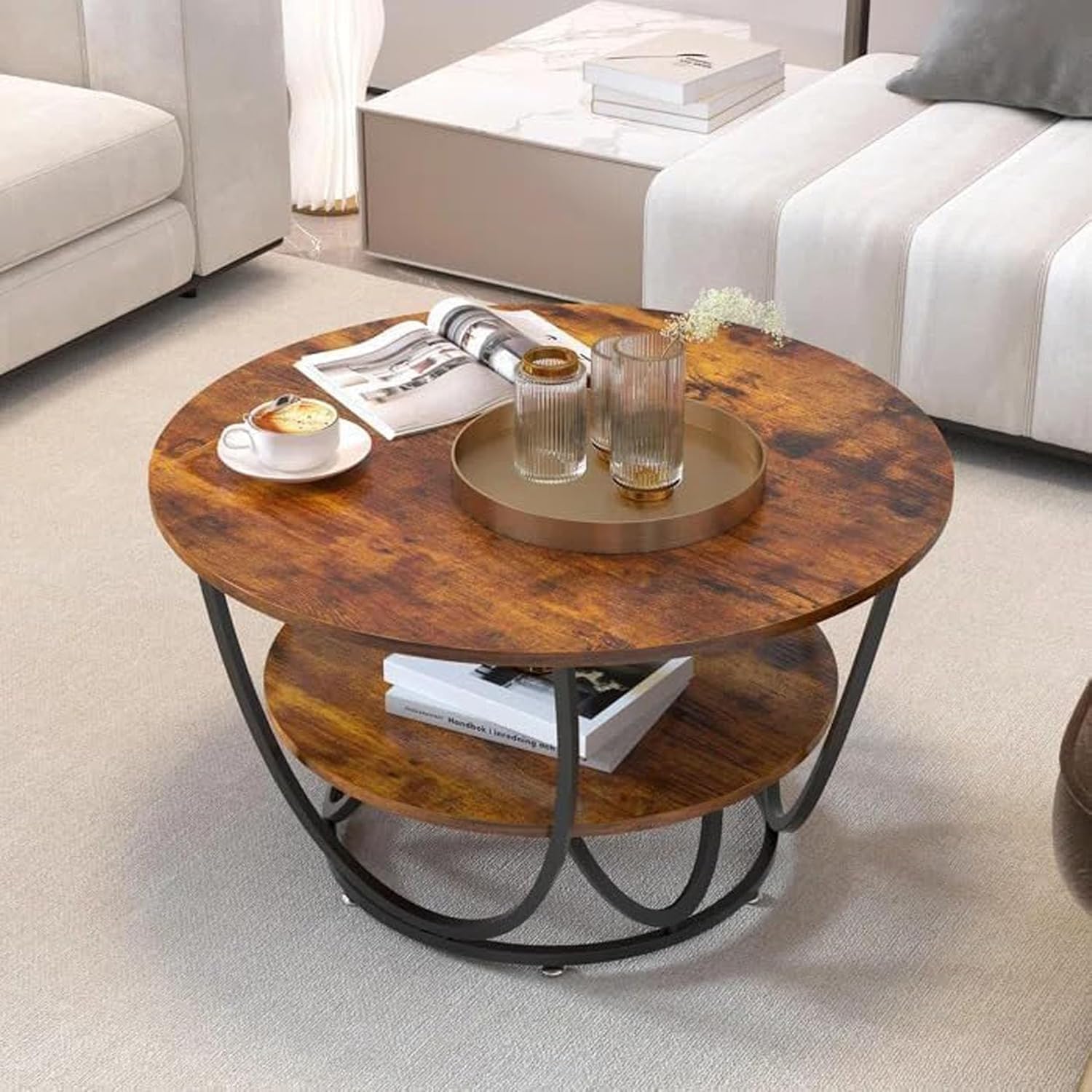ETIQUETTE ART Modern Faux Marble Top Round 2 Tier Metal Coffee Tables Simple Living Room Table Sets, Sofa Center Table End Tables with Metal Frame Home Decor for Living Room (Black & Brown)-image-39
