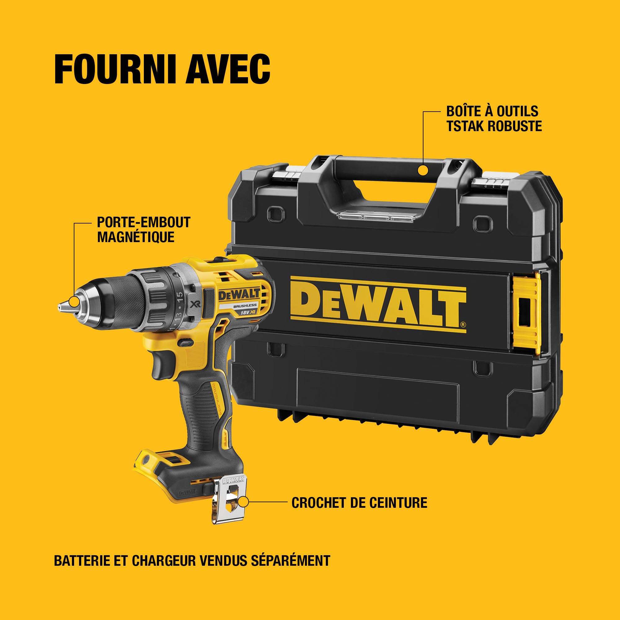 DEWALT - Perceuse-Visseuse compact sans fil XR 18V brushless, avec malette TSTAK (sans batterie), DCD791NT-XJ