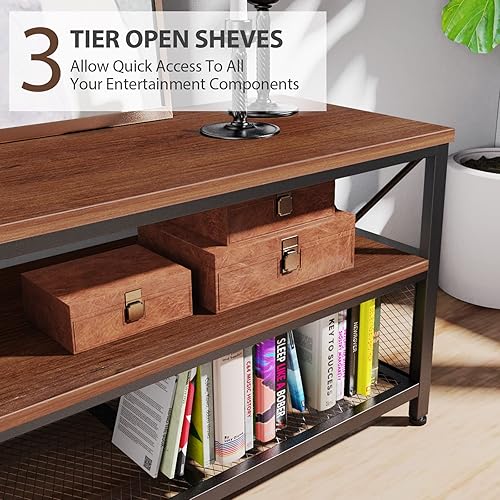 Miniatura 2 de NOBLEWELL Soporte de TV para TV de hasta 60 pulgadas, centro de entretenimiento de madera de 3 niveles, mueble de TV con almacenamiento para sala de