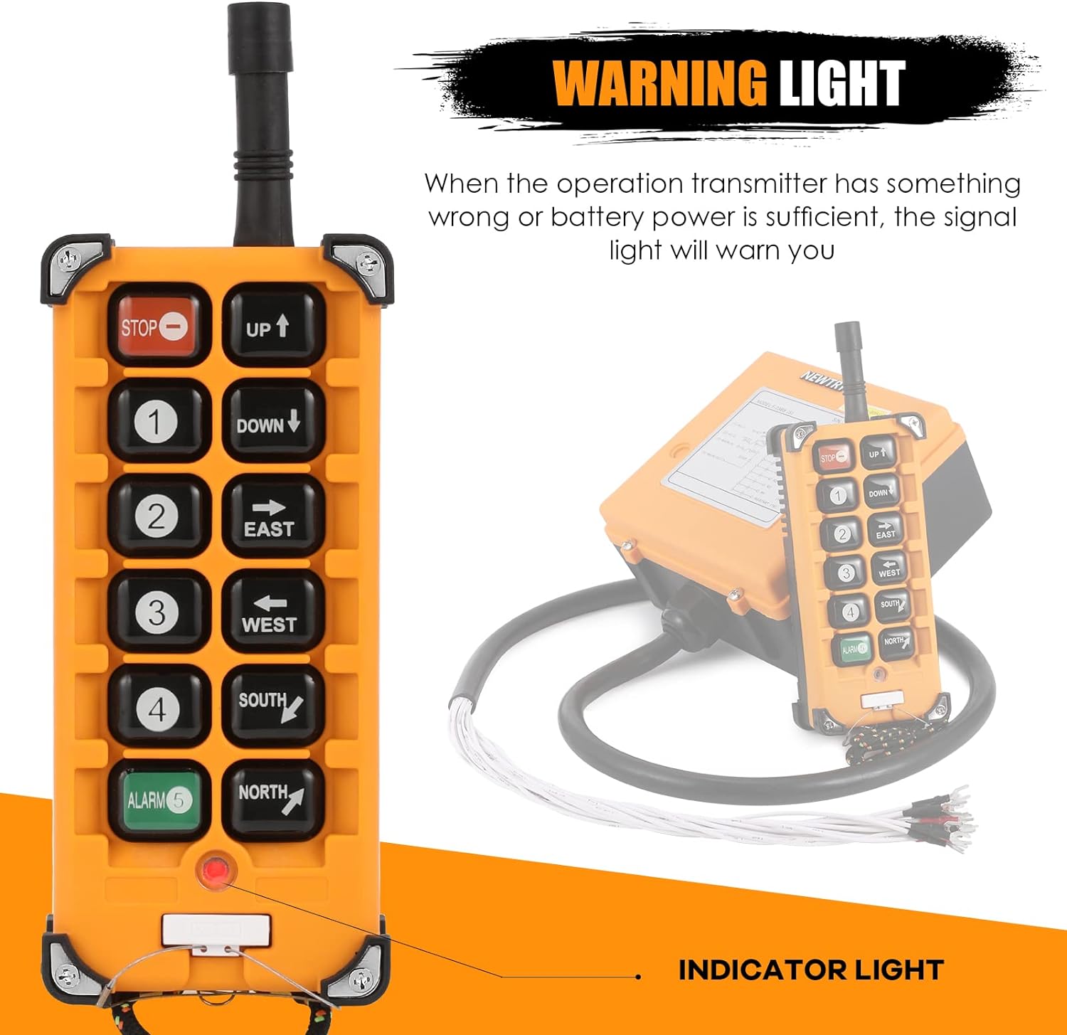 The NEWTRY wireless crane remote control transmitter showing the indicator light at the bottom, with a smaller inset image of the receiver unit.