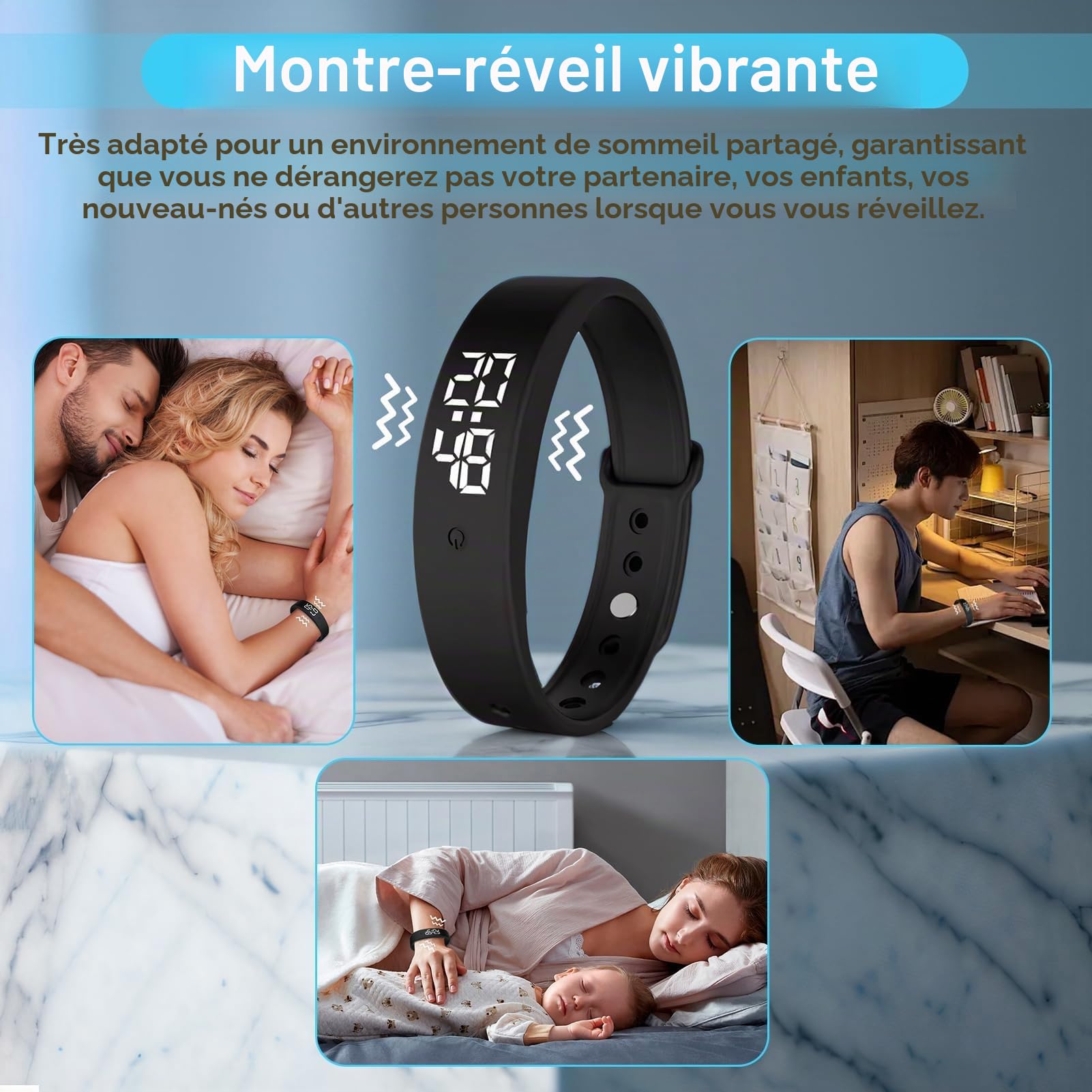 Cncedi Montre vibrante avec alarme et charge USB - Étanche, silencieuse - Pour les partenaires, les nouveau-nés, les enfants, les personnes qui dorment profondément