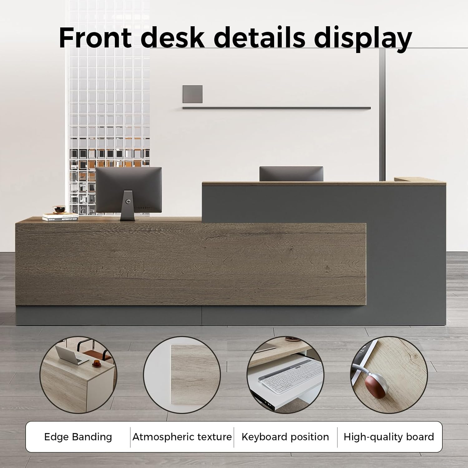 Modern Reception Desk with Counter, Spacious Workstations, Ample Storage for Office, Salon, and Retail Store(Tobacco Wood+Iron Gray/Left, 71" L*24" W*41" H)