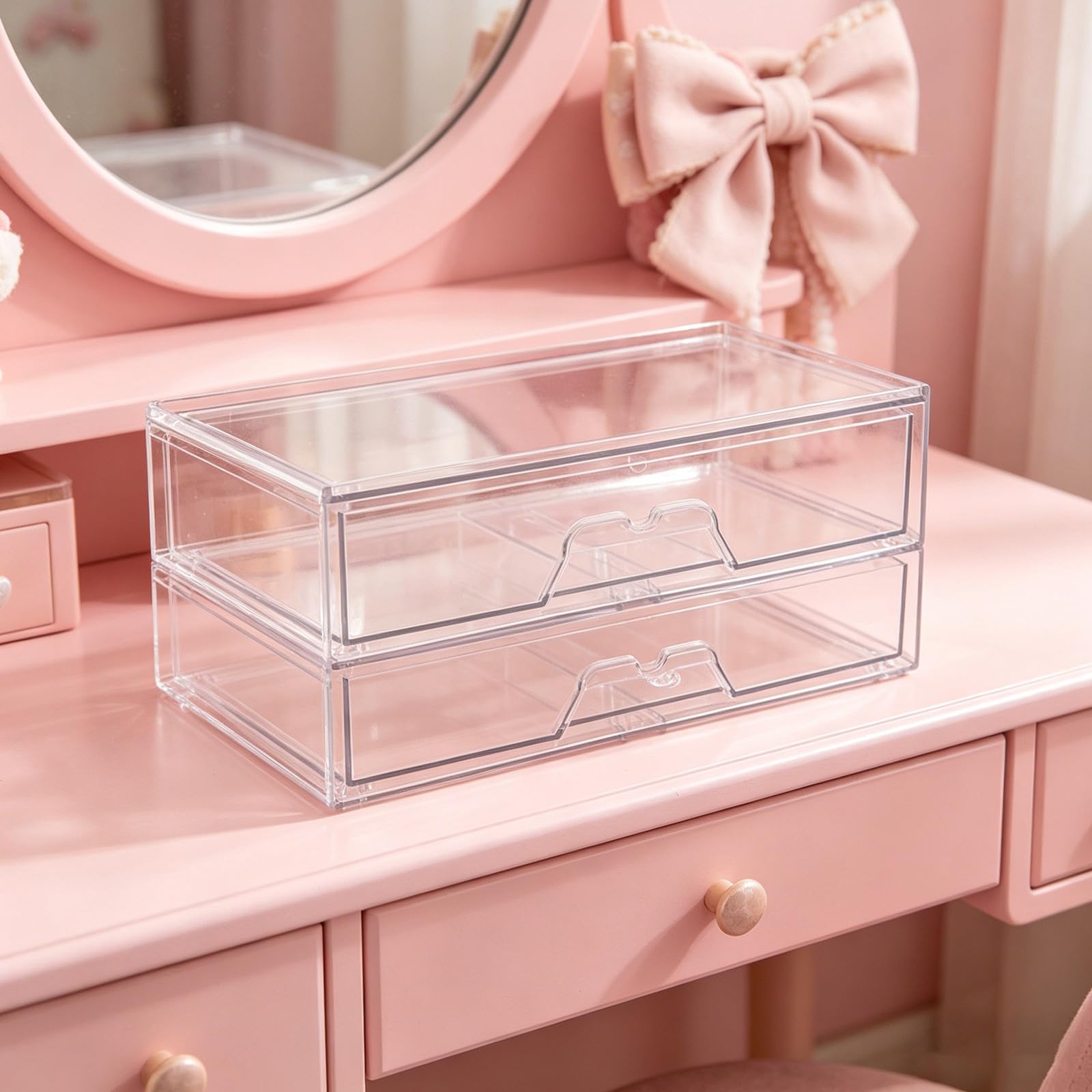 Set da 2 Cassetti Trasparenti in Acrilico Impilabili per Organizzazione da Scrivania e Bagno, Design Raffinato e Salvaspazio per Uso Versatile