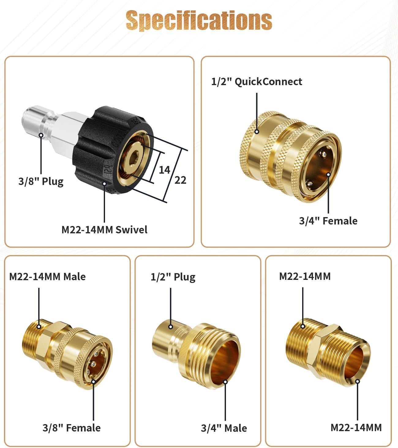 9 PCS Pressure Washer Adapter Set, Quick Disconnect Kit, M22 Swivel to 3/8'' Quick Connect, 3/4" to Quick Release, M22 to M22 Convert
