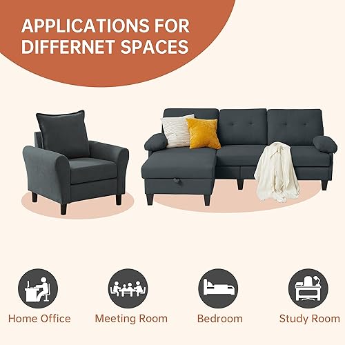 Miniatura 6 de Juego de 2 Piezas de Sofá Seccional Convertible para Sala de Estar, Sofá en Forma de L de 79" de 3 Asientos con Otomana de Almacenamiento y Silla