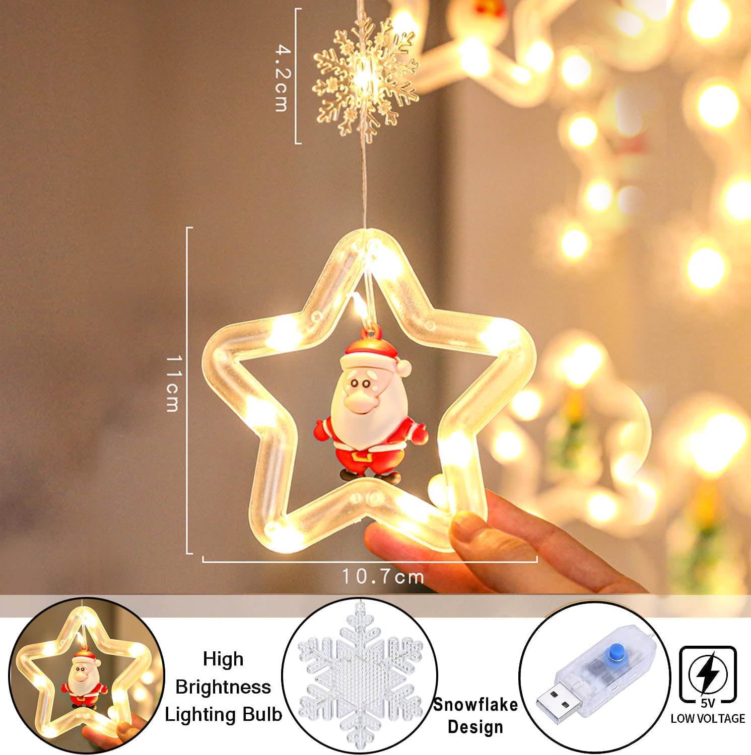 Devan Christmas Lights,3M LED String Lights with Hooks,Snowflake LED Christmas String Light Hanging Fairy Lights for Bedroom Wall Party Outdoor Warm White USB. (Star Shape) - Image 3