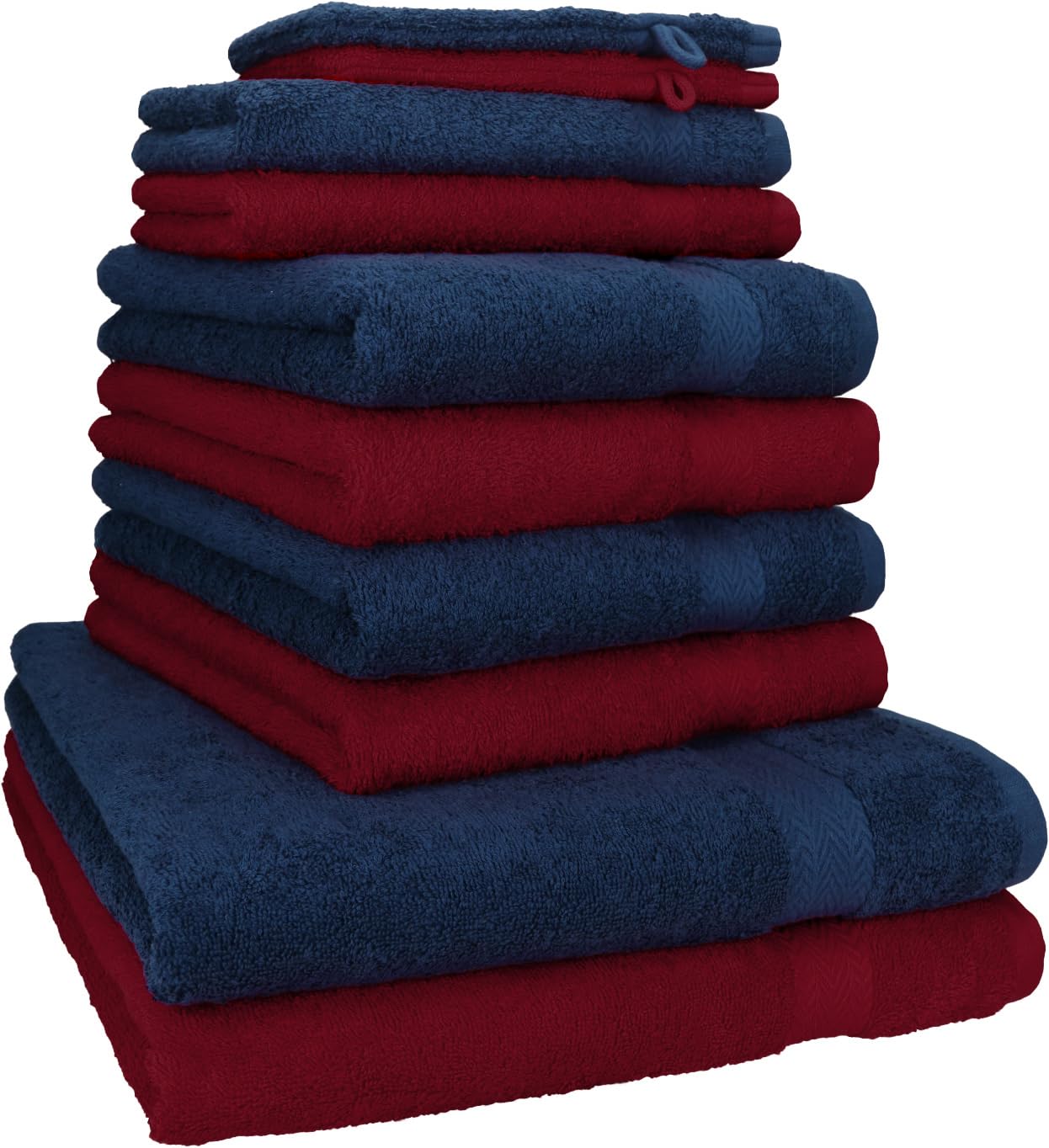 Betz Juego de 10 Toallas Classic 100% algodón 2 Toallas de baño 4 Toallas de Lavabo 2 Toallas de tocador 2 Toallas faciales Rojo Oscuro y Azul Marino