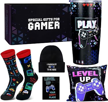 ANOTION Valentines Day Gamer Gifts for Him-5PCS Gaming Gift Set for Boyfriend Teen Boys Men - 20oz Insulated Tumbler, Beanie, Socks, Pillowcase, Card, Gaming Gifts Box for Teenage Boys
