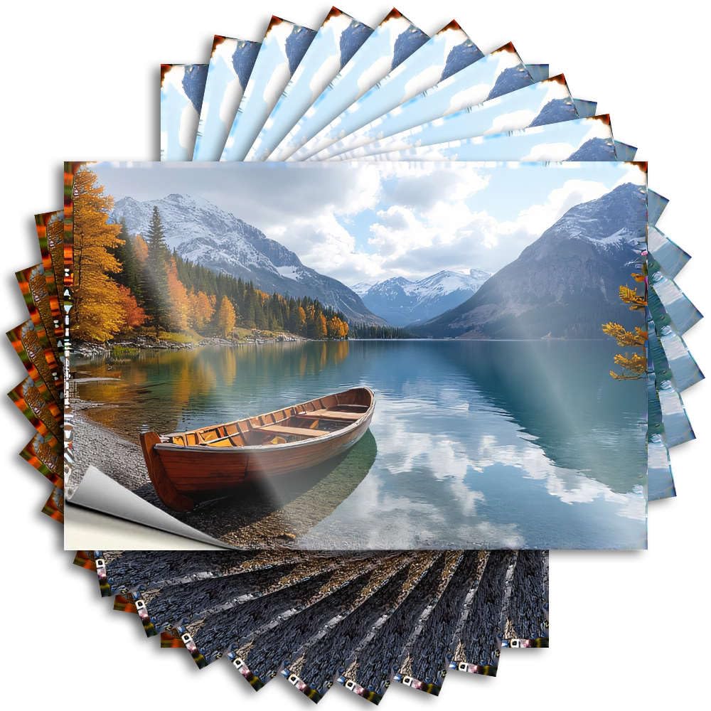 Sets, Sticker Double Wall A Serene Lake with A Wooden Boat, Surrounded By Autumn Foliage | Happy Waterproof Vinyl Stickers(8X12CM)