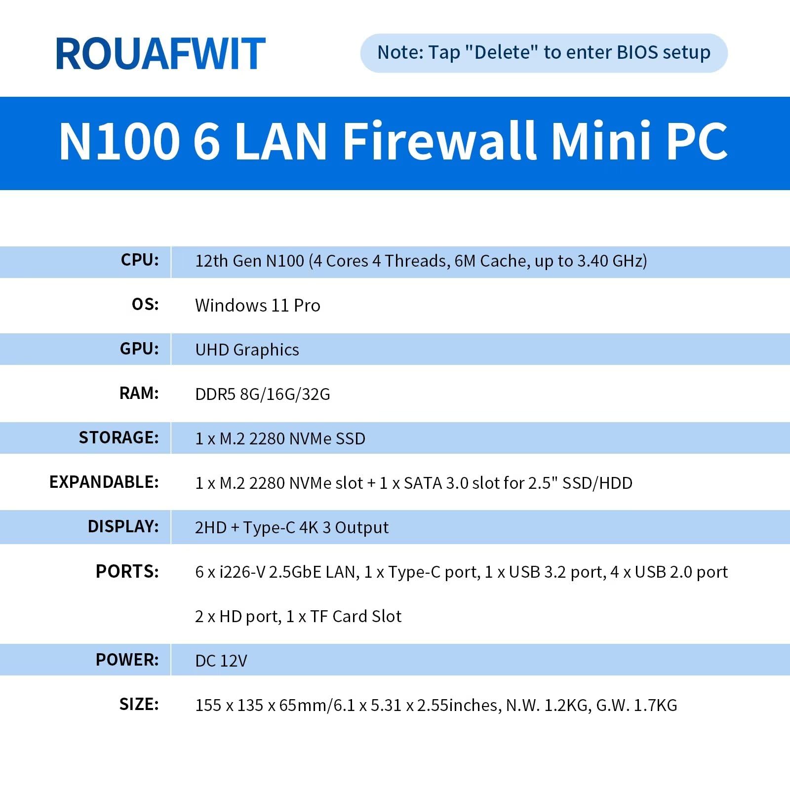 ROUAFWIT Micro Firewall N100 12TH Gen Fanless Mini PC, DDR5 8GB RAM 128GB SSD Router Appliance Computer, Supporto Windows, OPNsense, 6 x 2.5Gbe i226-V Ethernet, TF, Type C, AES-NI
