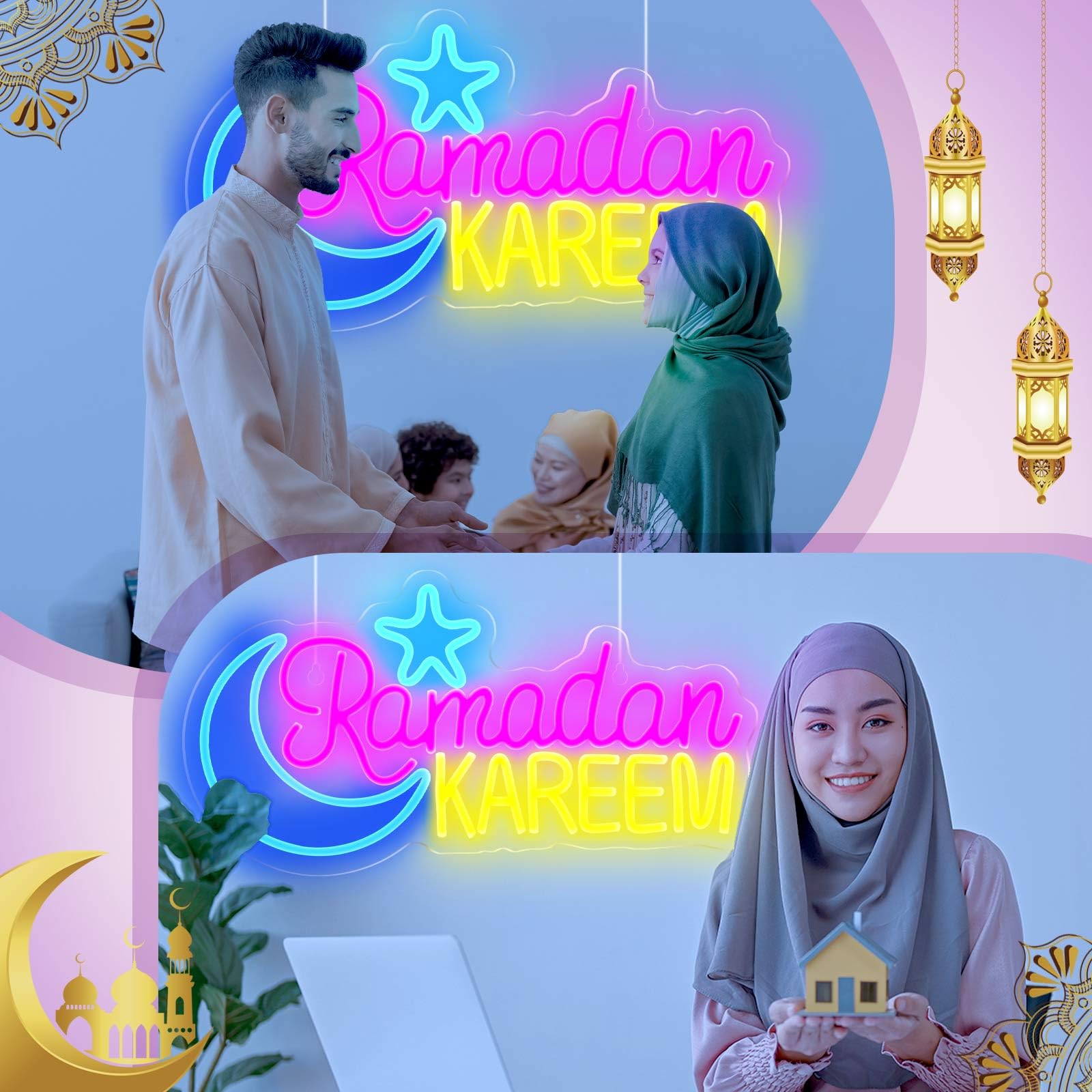 Glooglitter Ramadan Kareem Insegna al neon grande Eid Mubarak Decorazione per la casa Decorazione per le vacanze islamiche Ramadan Mubarak Decorazione al neon Segno Luce al Neon Ramadan Celebrazione