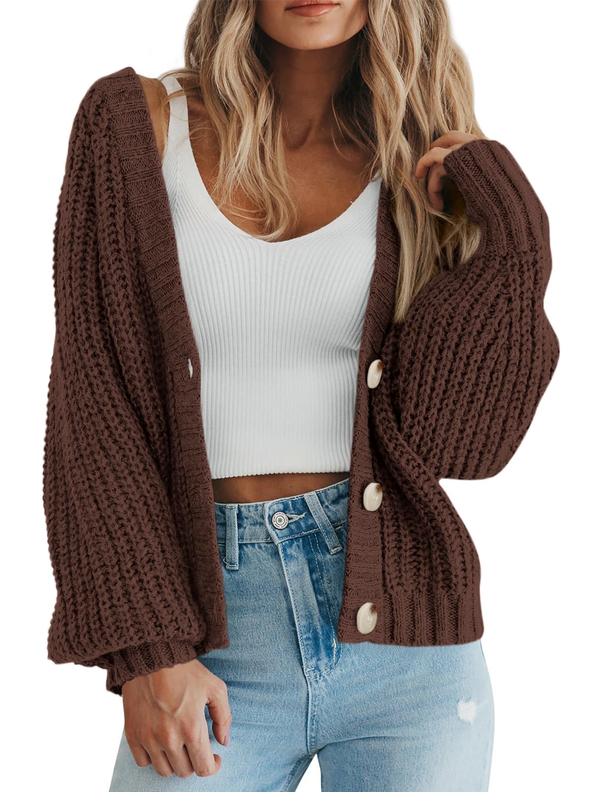 ATHMILE Womens Chunky Cardigan Sweaters Long Sleeve Button Loose Short Outerwear Coats Open Front Fall Clothes