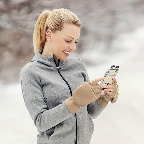 Miniatura 5 de OZERO Guantes de invierno sin dedos, convertibles, térmicos, forro polar aislante, resistente al viento, cálidos para hombres y mujeres