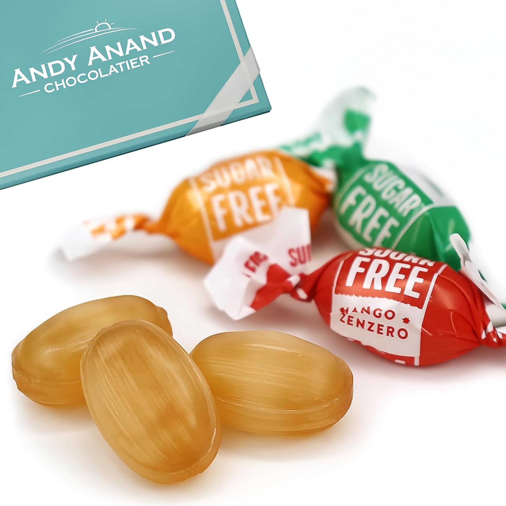 Andy Anand Chocolatier Sugar Free Ginger Candy - Gluten Free Made in Italy Hard Candy, Individually Wrapped Sweetened With Natural Stevia With Mango, Orange & Lemon Assorted Flavors ((55 Pcs, 7 Oz)