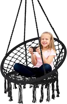 DORTALA Hammock Chair, Cotton Rope Macrame Hanging Swing Chair W/Metal Hoops for Living Room, Yard, Nordic Style, 330 LBS Capacity, Black