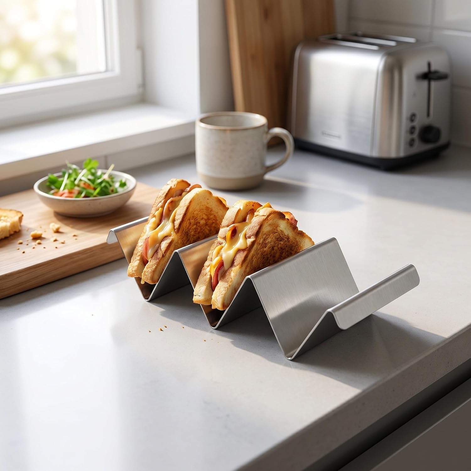 Operitacx 6pcs Stainless Steel Taco Holder Stand - 3-Slot Tacos Shell Rack Wavy-Shaped Tray For Gyros Burritos Sandwich Mexican Fiesta Party Dishwasher Safe
