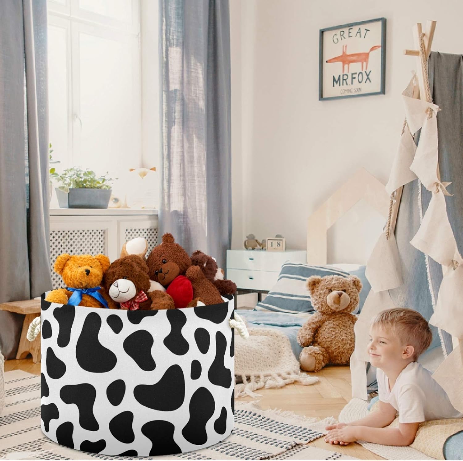 Visesunny Canvas Fabric Cow Spot Nursery Hamper Toy Storage Organizer Bin Waterproof Laundry Basket for Kid Rooms, Playroom, Shelves, Gift Basket