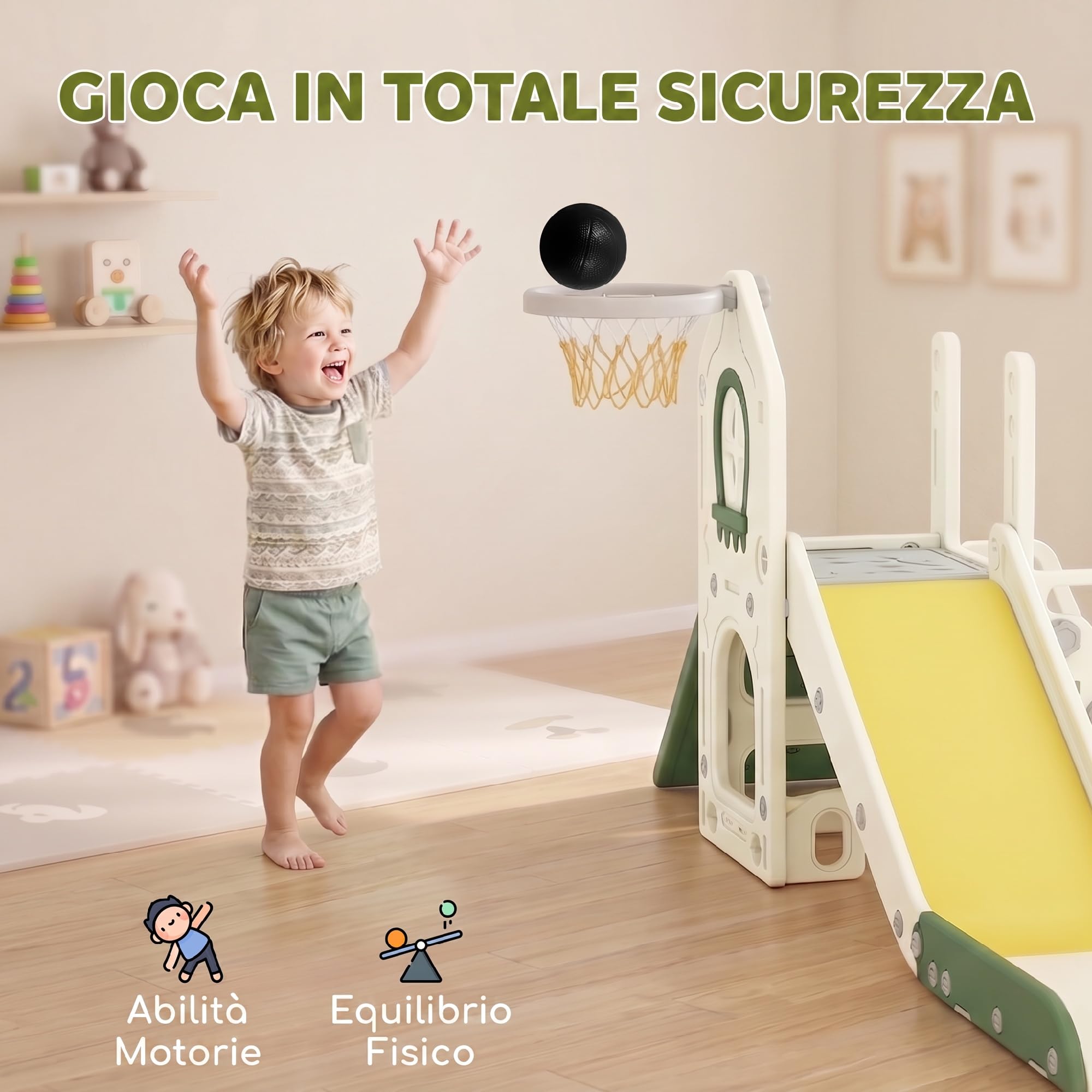 AIYAPLAY 4 in 1 Scivolo per Bambini 1-3 Anni in HDPE 191x100x84 cm Crema | Arrampicata, Canestro, Spazio Portaoggetti, Gradini Antiscivolo, Pallone, Carico Massimo 25kg