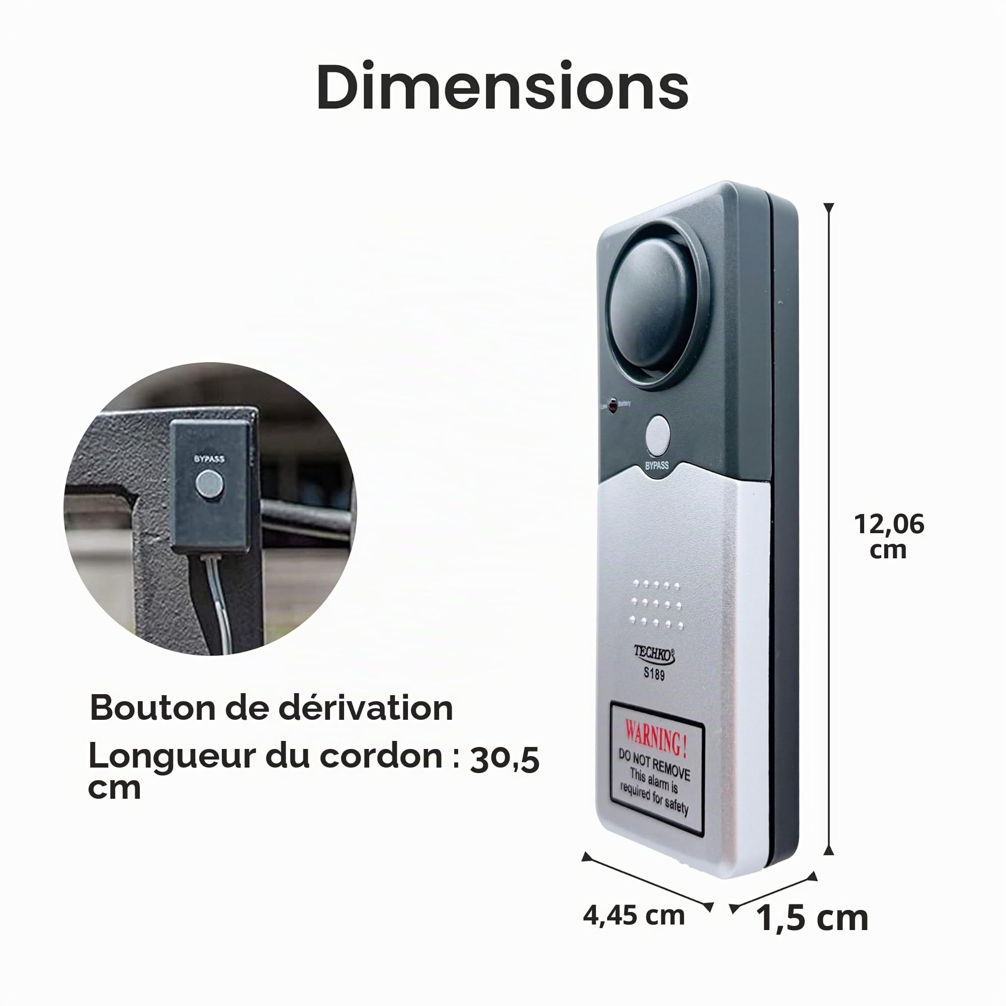Techko S189 Alarme de piscine ultra fine et sûre pour enfants, conforme à la norme ETL UL 2017, résistante aux intempéries, alarme puissante de 110 dB avec 2 boutons de dérivation, gris, 1 pièce