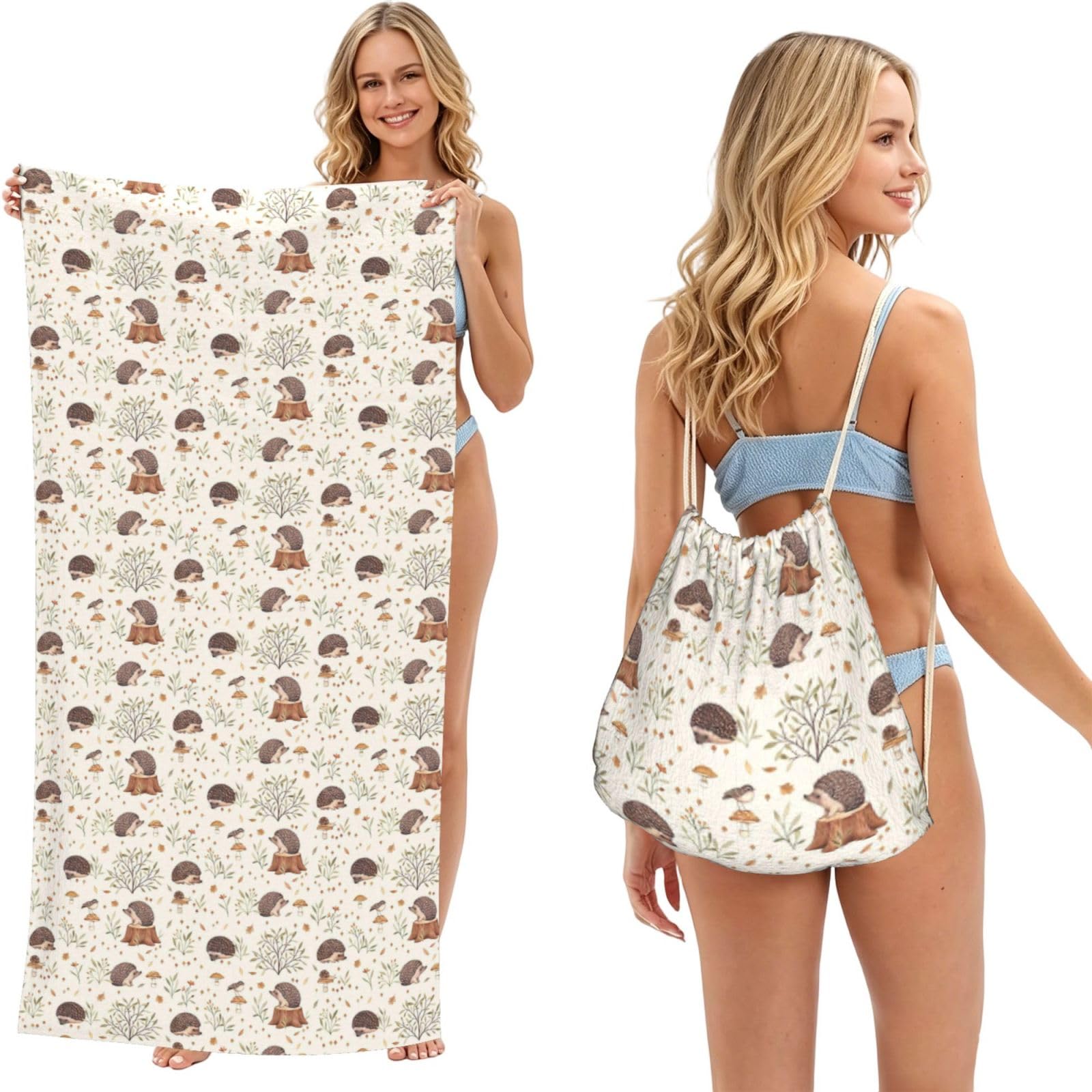 Poadnly As Picture Meadow Hedgehog, 2 In 1 Packable Towel Bag, Beach Towels With Drawstring Backpack For Travel Holiday Camping