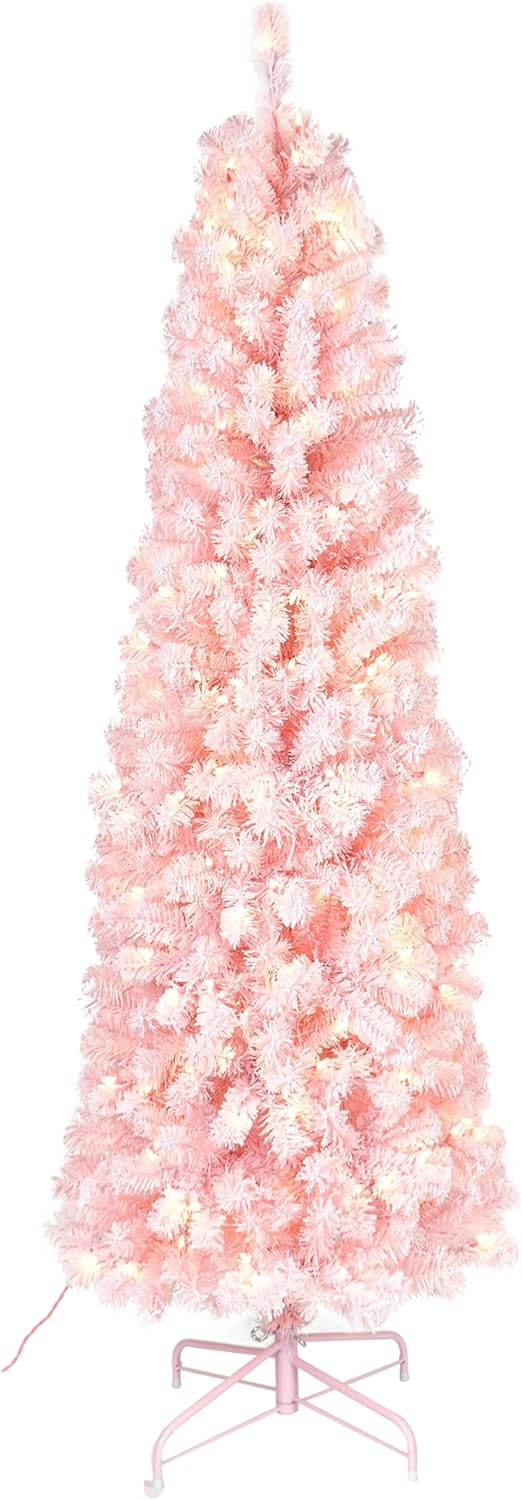 Flocked Pencil Christmas Tree with Lights 6.5Ft, Artificial Prelit Christmas Tree with 250 Clear Lights, Clearance Pencil Xmas Snowy Trees