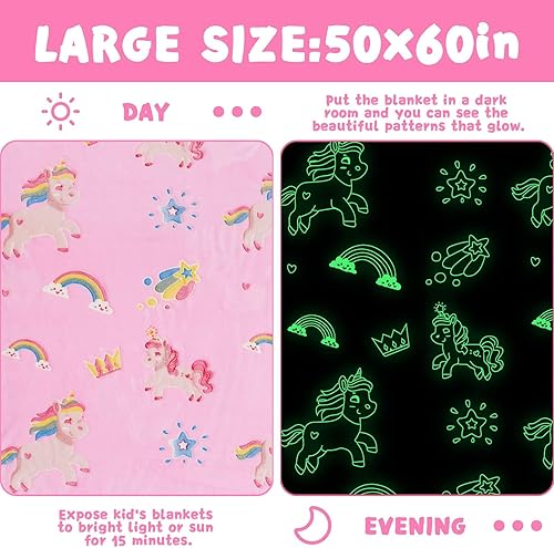 Miniatura 4 de inhand Regalo de unicornio rosa para niña, manta que brilla en la oscuridad, juguetes de unicornio, manta para sofá, manta de forro polar suave,