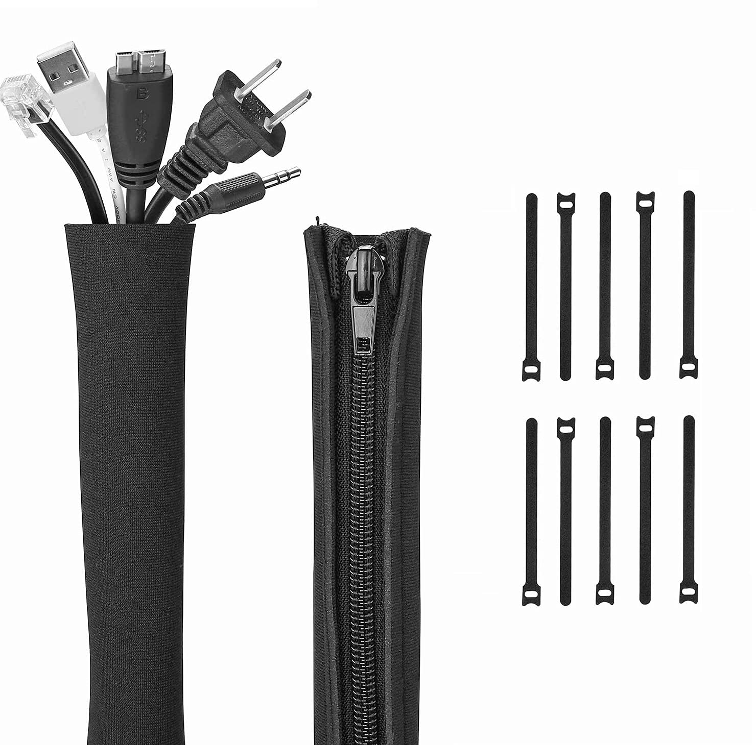 Cable Management Sleeve (2 Pack) – 19.5 inch cord organizer System with 10 pcs Cable Tie, Flexible Black Cable Cover Wire Hider with Zipper for TV/Computer/Home Entertainment system